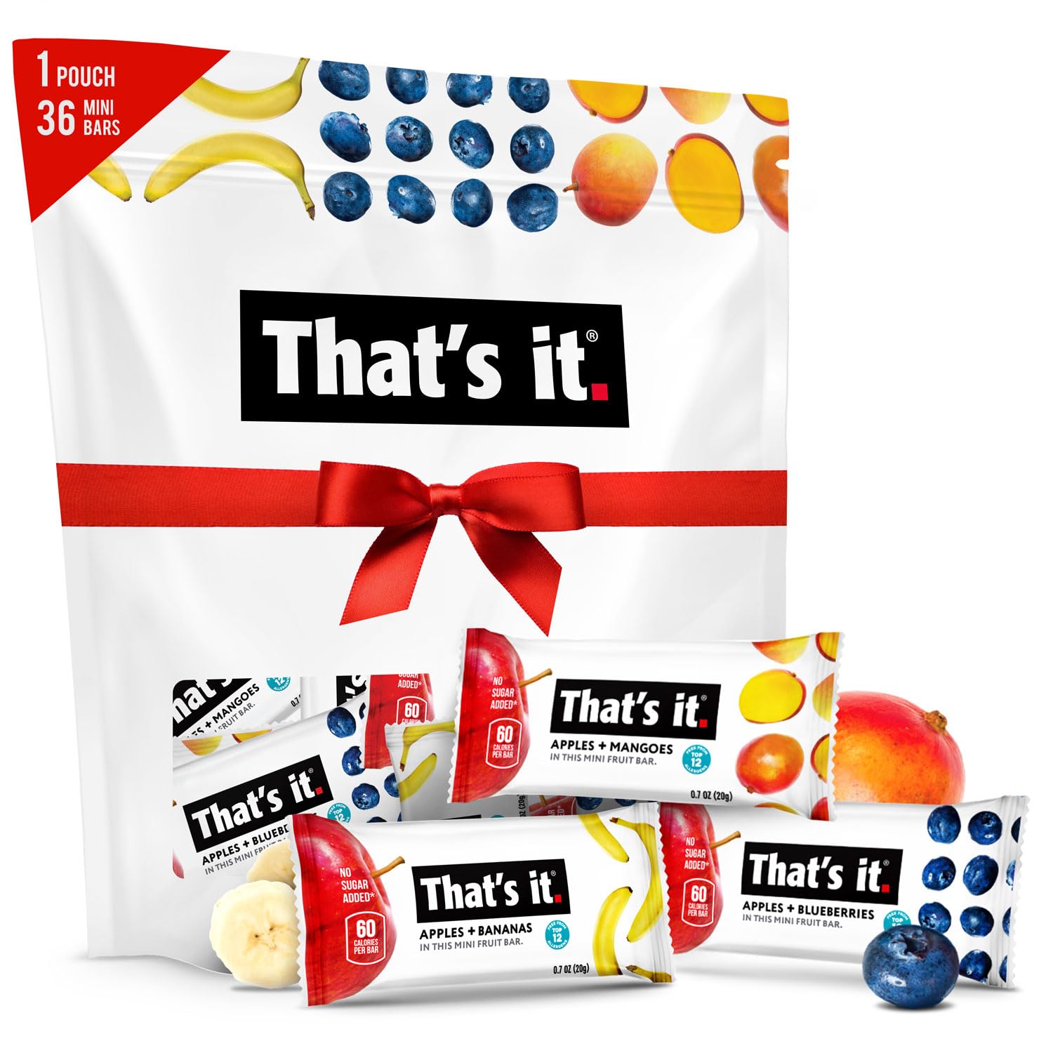 That's it. Mini Fruit Bars Gift Pouch (Variety 36 Count) No Sugar Added, Plant-Based, Vegan & Gluten Free, Paleo, Non GMO, Fiber (12 Banana, 12