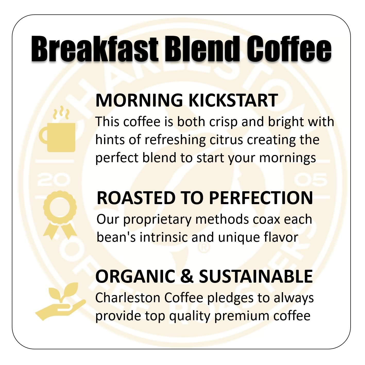 Charleston Coffee Roasters | Specialty Organic Whole Bean Coffee | Hand Picked, Premium Slow Roast | (Breakfast Blend, Medium Roast) 28oz
