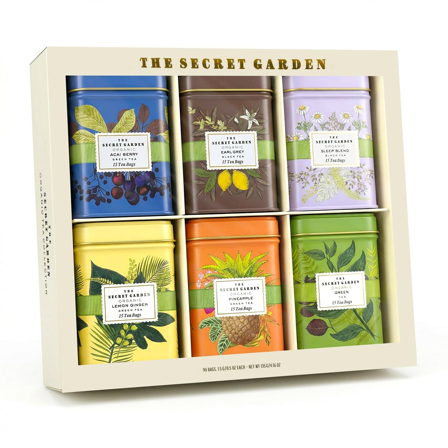 Life Plus Style Gourmet The Secret Garden Organic Tea Collection 6 Assorted Tins 90 Tea Bags Green Black and Herbal Blends with Fruit Infusions