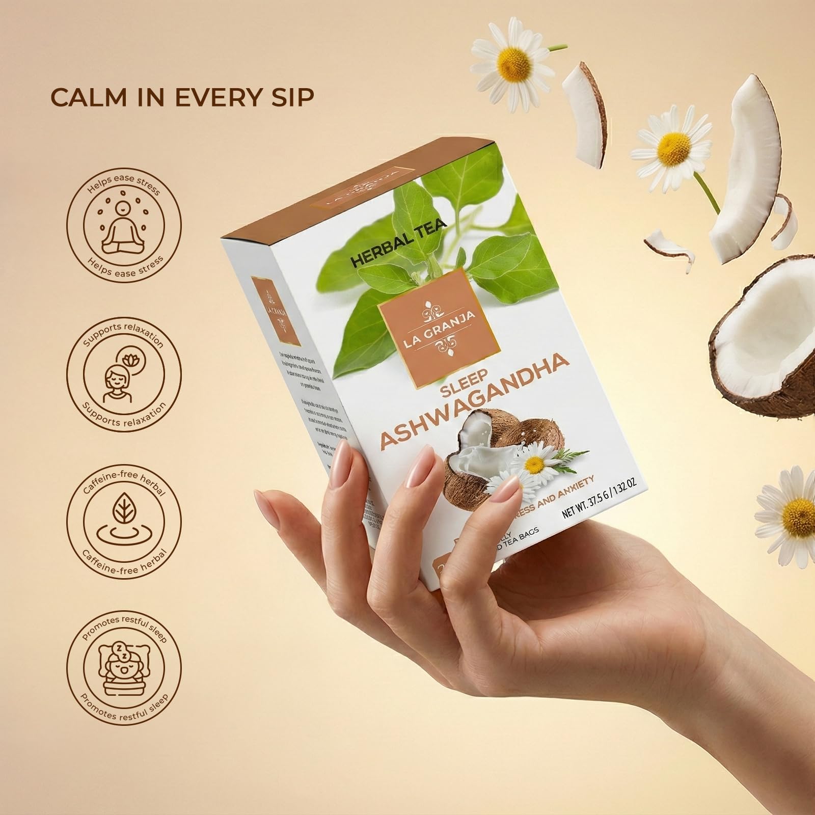 Life Plus Style Gourmet La Granja Sleep Ashwagandha Herbal Tea 25 Individually Wrapped Tea Bags Caffeine Free Nighttime Blend with Chamomile Holy