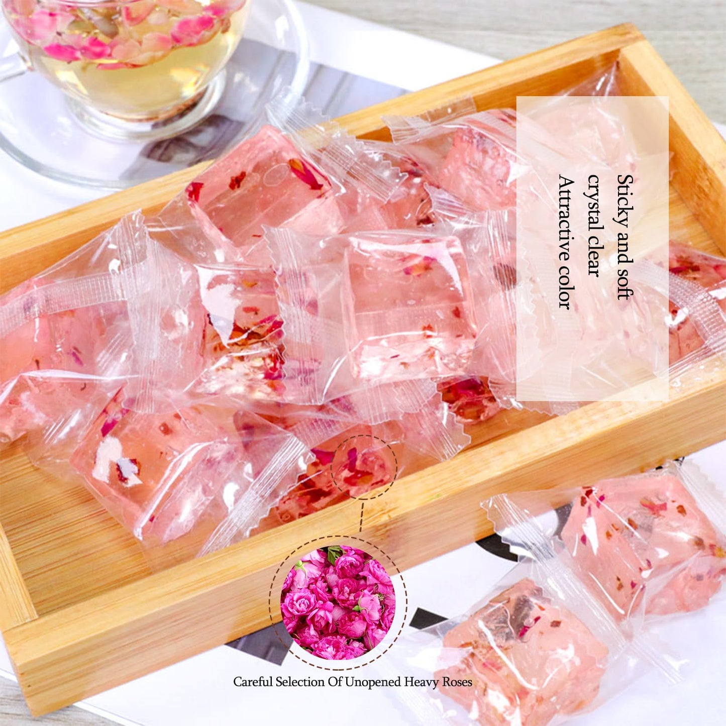 Rose Crystal Soft Cake,Rose Soft Candy,Dessert Of Jellies,Afternoon Tea Casual Candy Snacks, Individually Wrapped,Sparkling and Translucent,No