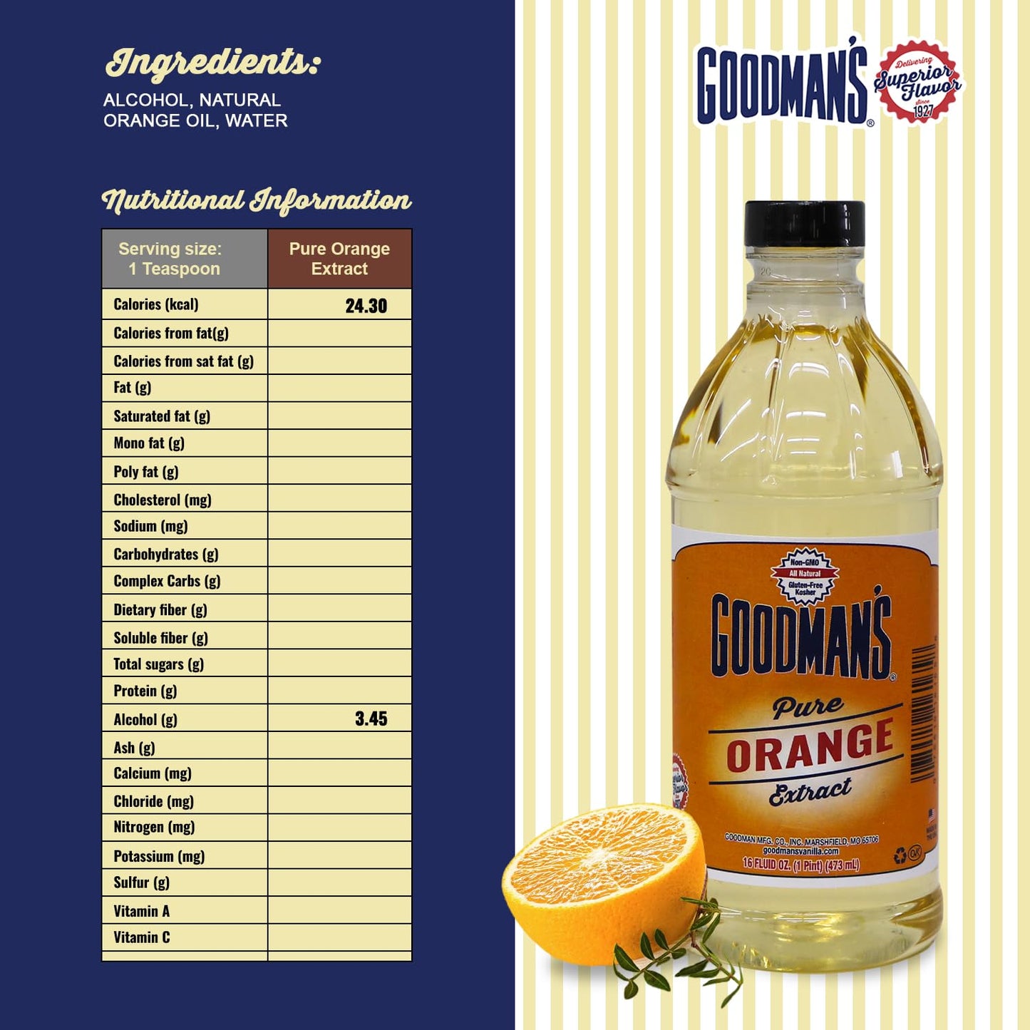 Goodman's Pure Orange Extract - Gluten-Free, Non-GMO, Kosher, Natural, Low Carb & Low Calorie, No Artificial Color, No Animal Products, No Sugar