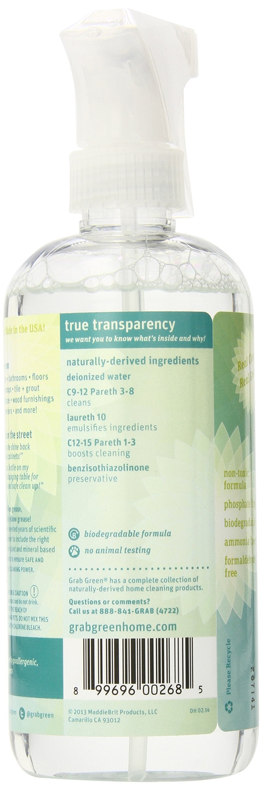 Grab Green Natural All Purpose Cleaner Spray, Biodegradable, Residue & Streak-Free Finish, Fragrance Free, 16 Ounce Bottle