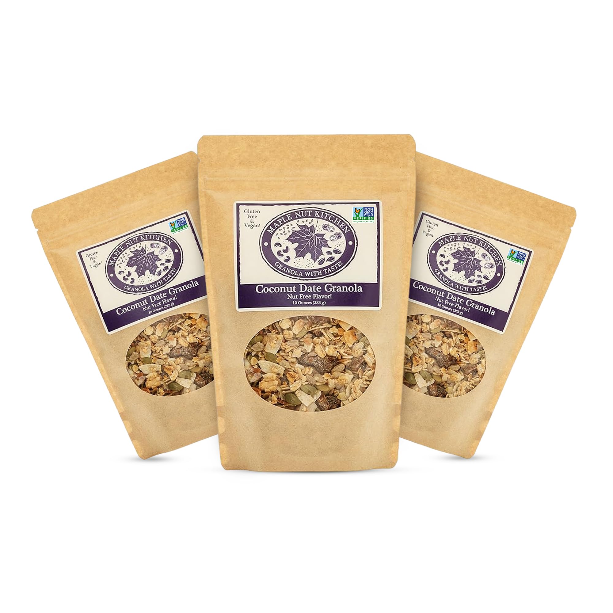 Maple Nut Kitchen Coconut Date Granola, 3 Pack - Gluten-Free, Vegan & Nut-Free Granola with Certified Oats, Pumpkin Seeds, Coconut Chips & Diced Dates