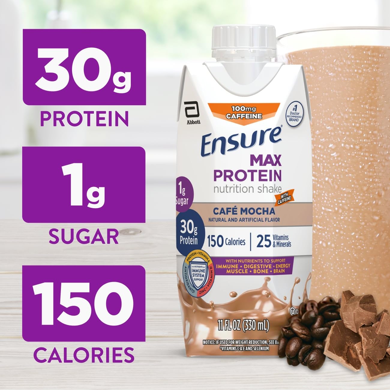 Ensure Max Protein Shake | Cafe Mocha | Ready to Drink | 30g Protein for Muscle Health | 1g Sugar, 4g Fiber | 11 fl oz, 4 Pack