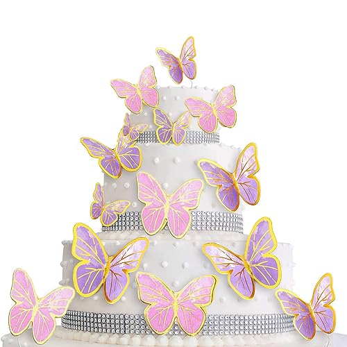 80Pcs Butterfly Cake Toppers Set Happy Birthday 3D Mixed Color Pink Purple Cupcake Picks Butterfly Cupcake Topper with Dot Glue Decorations