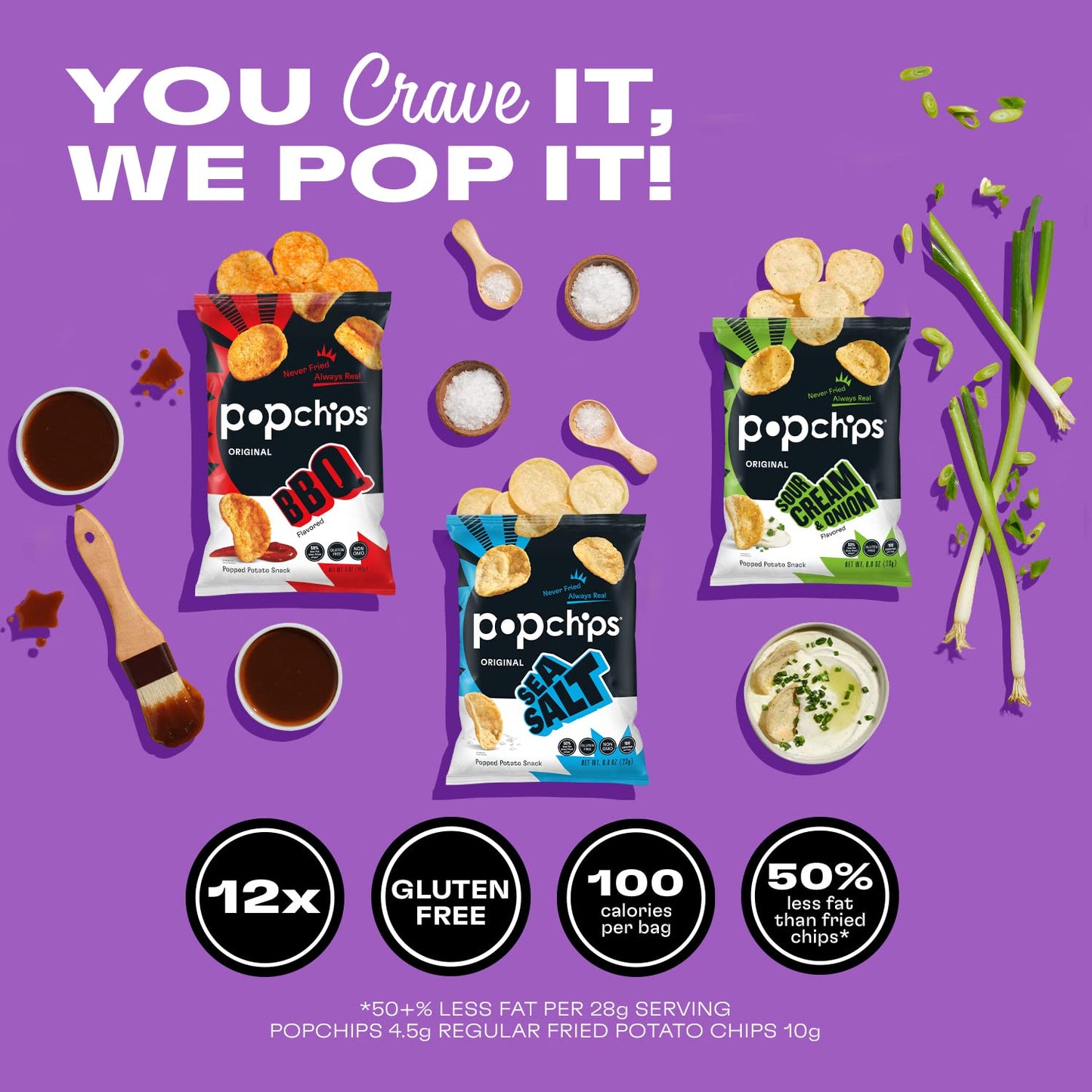 Popchips Potato Chips Variety Pack, Sea Salt, BBQ, Sour Cream & Onion, 12ct Single Serve 0.8oz Bags, Gluten Free, Salty Snacks for Adults