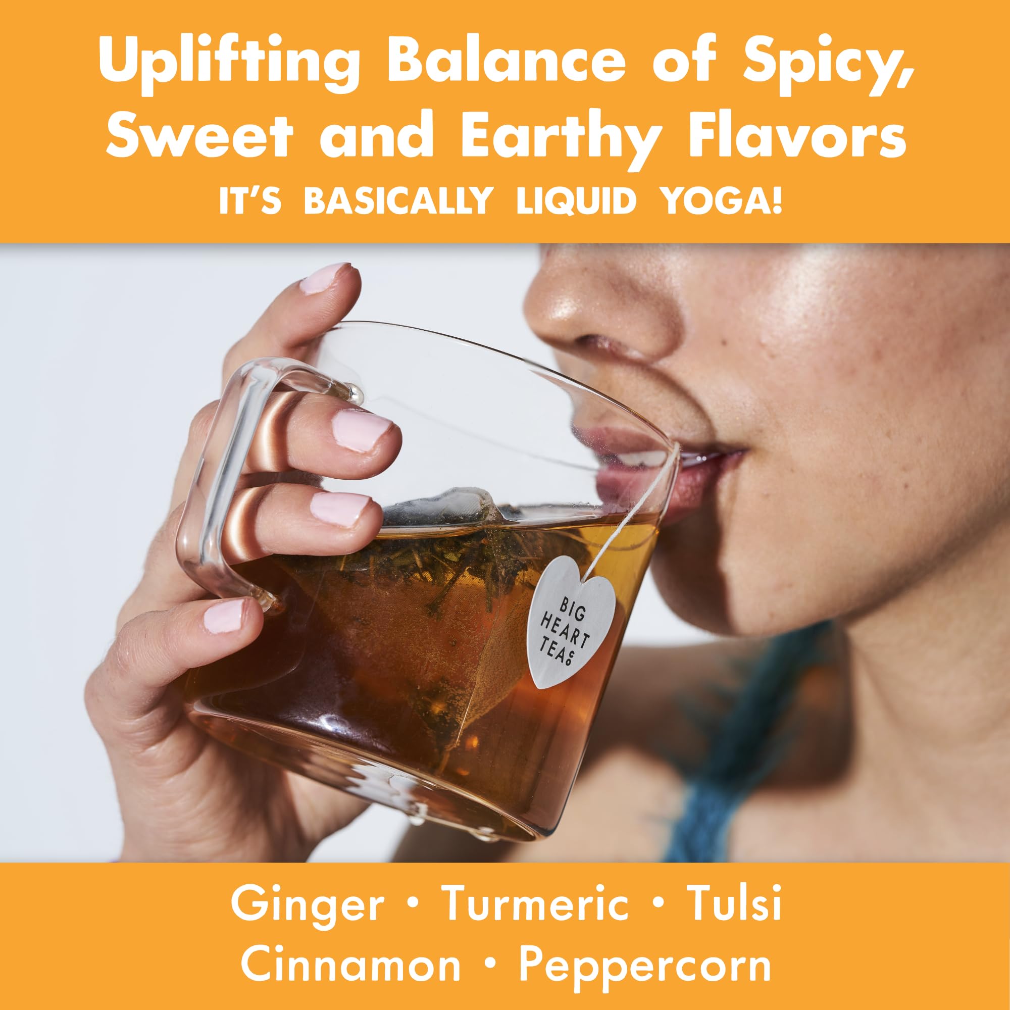 Big Heart Tea Co. Ginger Turmeric Tea, Certified Organic Tea Bags (20 Count) Herbal Caffeine Free Blend with Adaptogenic Tulsi, Peppercorn, Cinnamon