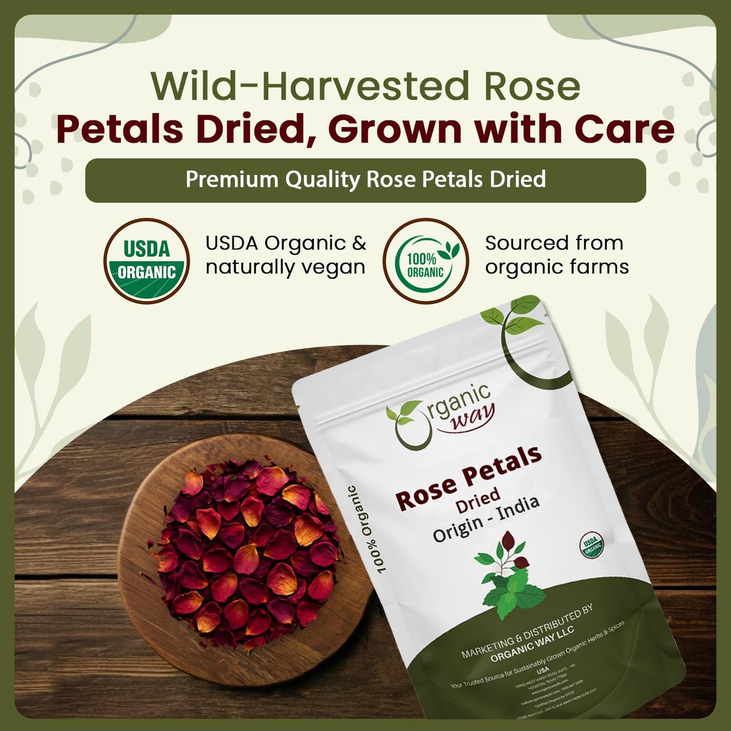 Organic Way Rose Petals Dried (Rosa Centifolia) - Pure, Edible & Fragrant for Tea | Organic & Kosher Certified | Raw, Vegan, Non GMO & Gluten Free |