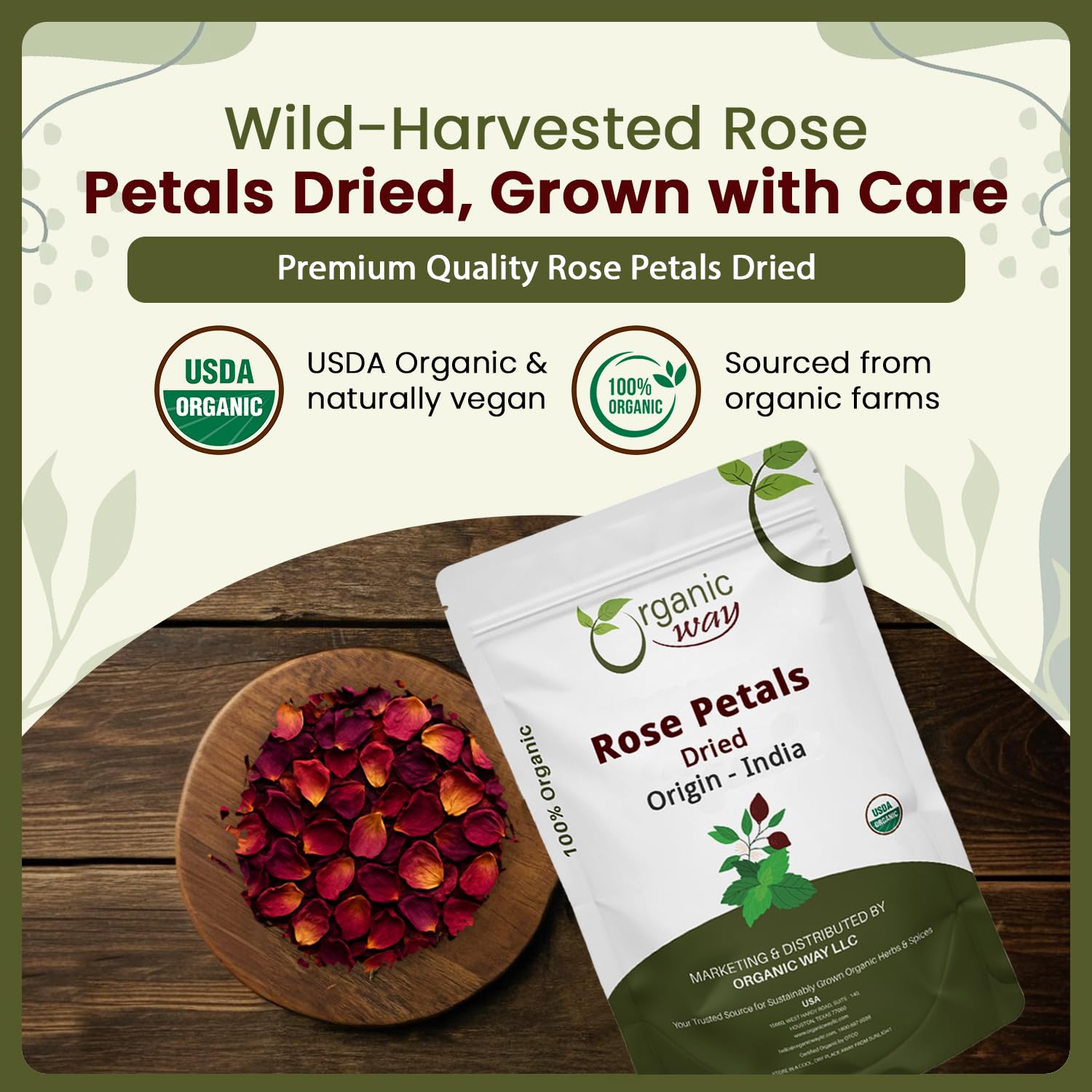 Organic Way Rose Petals Dried (Rosa Centifolia) - Pure, Edible & Fragrant for Tea | Organic & Kosher Certified | Raw, Vegan, Non GMO & Gluten Free |