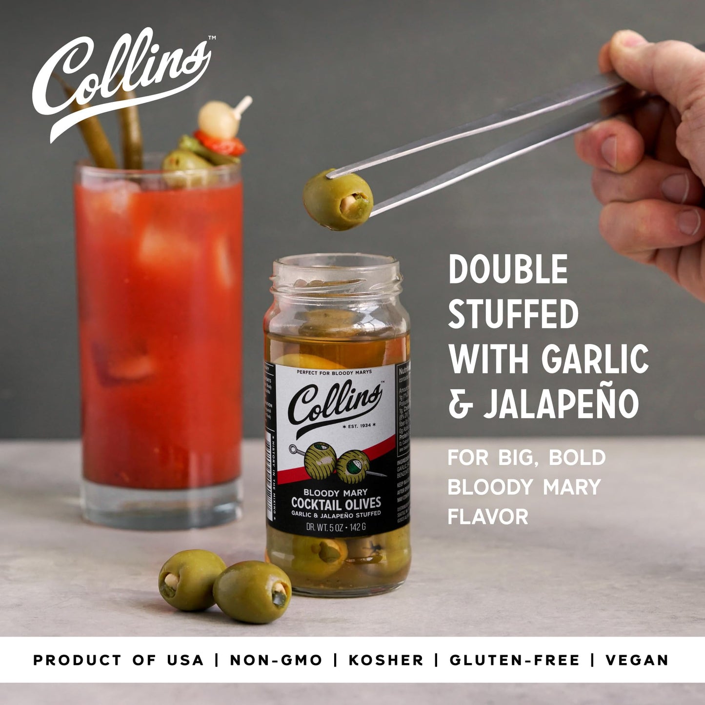 Collins Jalapeno Garlic Stuffed Cocktail Olives, Gourmet Martini Olive Cocktail Garnish, Dirty Martini Olives, Bloody Mary, Jalapeno Olives Garlic