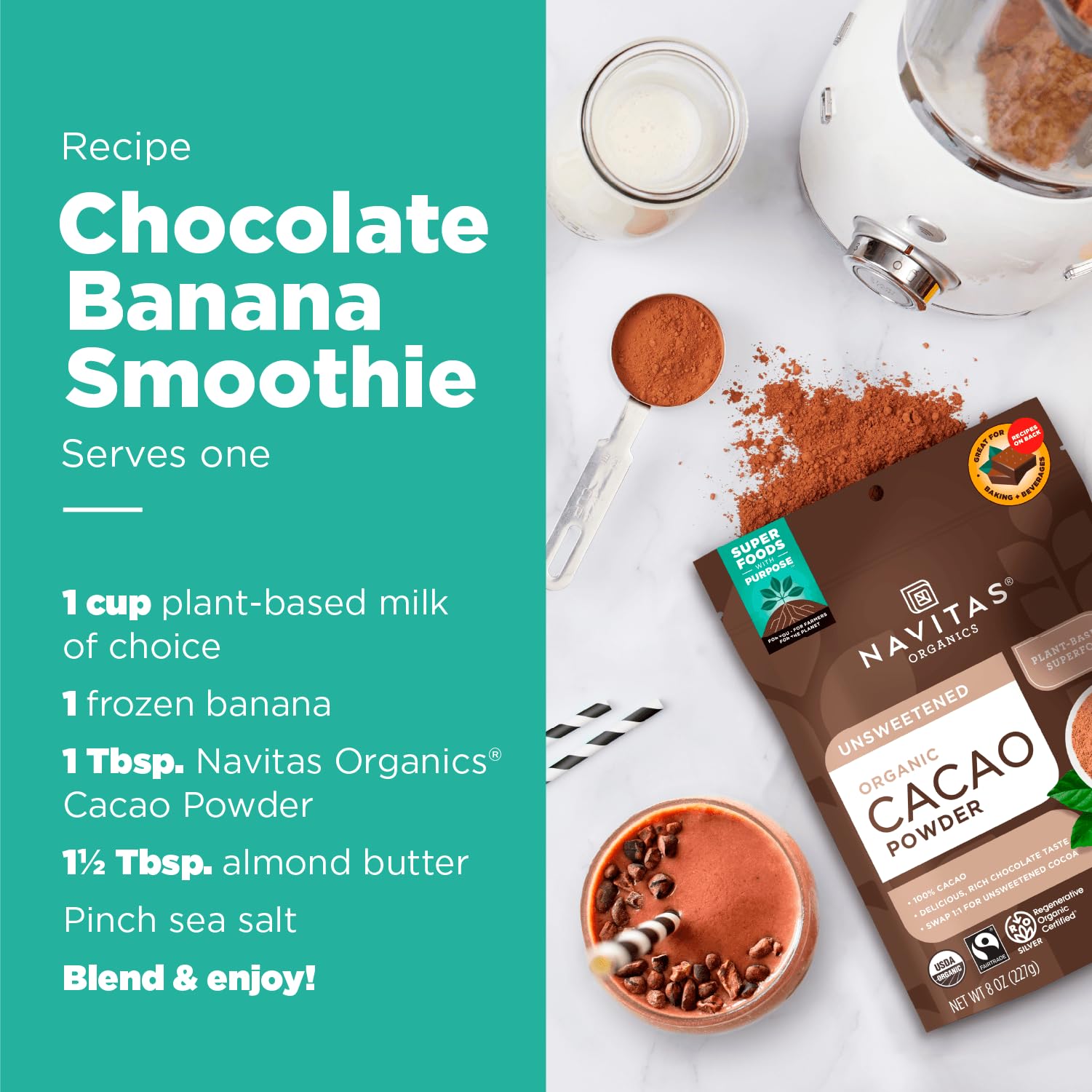 Navitas Organics Cacao Powder - Cocoa Powder Substitute 1:1, For Hot Chocolate, Baking & More - Regenerative Organic Certified, Non GMO, Fairtrade, Gluten Free, Non-alkalized (16oz. Bag, Pack of 2)