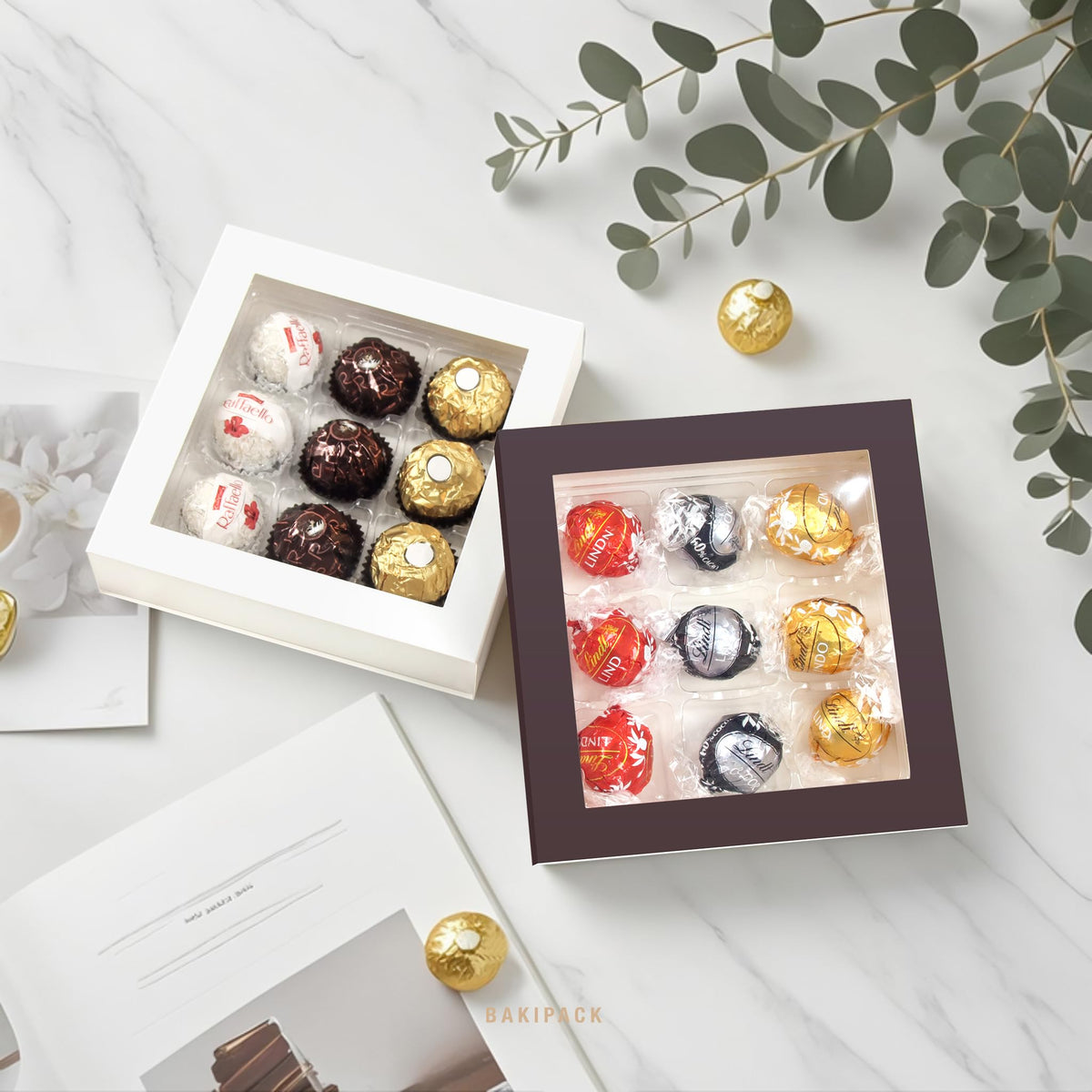 BAKIPACK 12 Brown Truffle Boxes with 9-Piece Plastic Tray, Chocolates Boxes