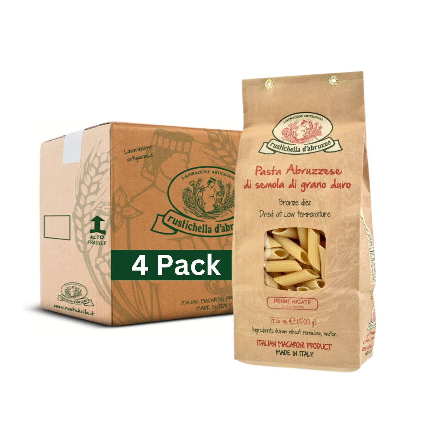 Rustichella d'Abruzzo Penne Rigate Pasta (Pack of 4), 500g Each - Classic Durum Wheat Short Pasta with Ridges - Ideal for Sauces - Cooks in 10-12