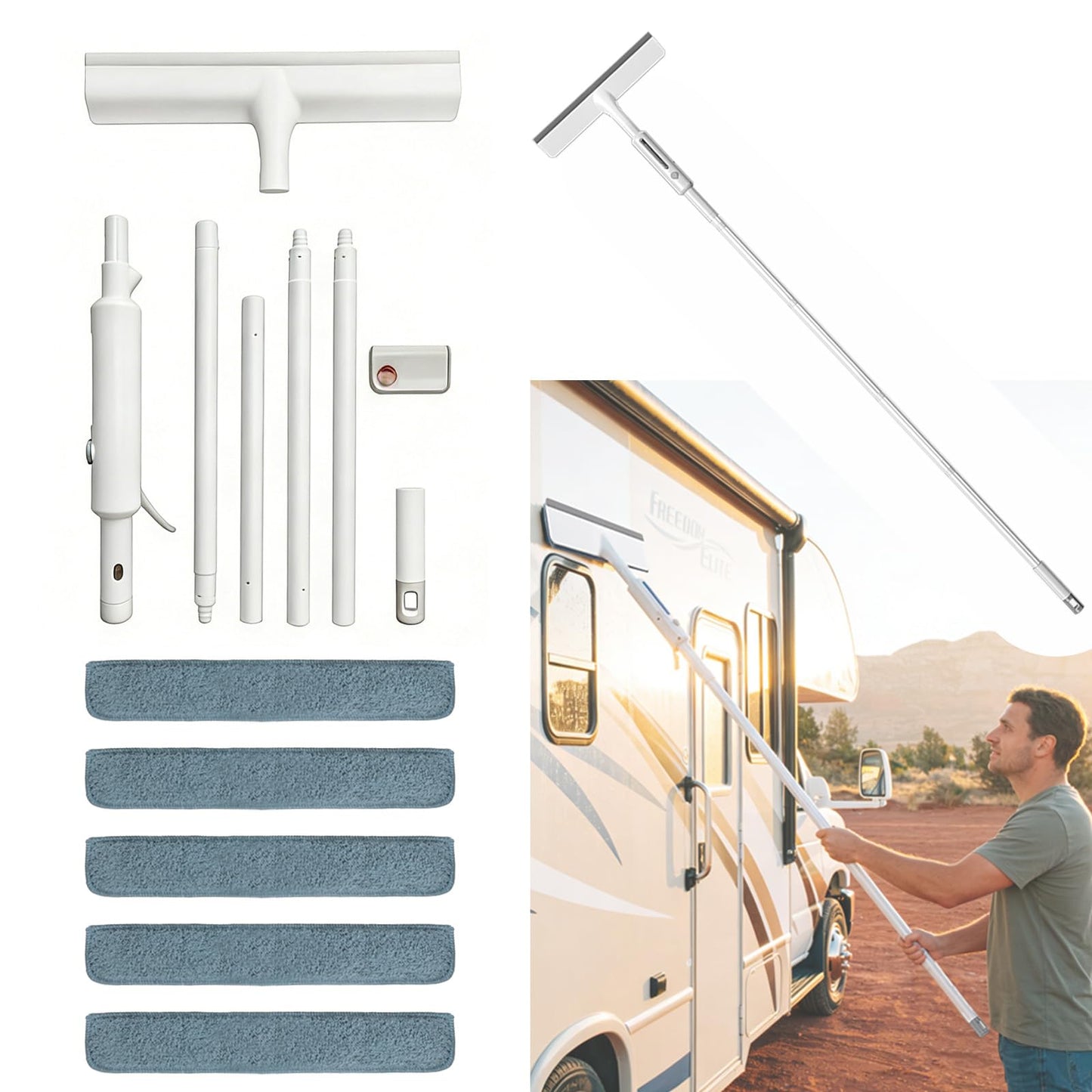 MIYIMORE RV Window Cleaning Squeegee with Spray, Max 73.3" Handle, Motorhome & Camper Exterior Glass Cleaner, 3-in-1 Spray Mop for High Windows, Home