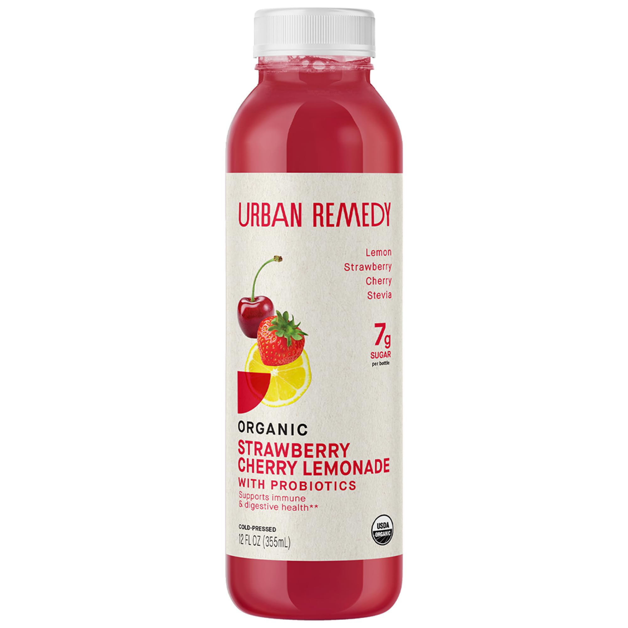 Urban Remedy Organic Strawberry Cherry Lemonade, Fruit-Infused Probiotic Drink with Vitamin C, No Sugar Added, Gluten-Free, Vegan, Non-GMO, 12 fl oz