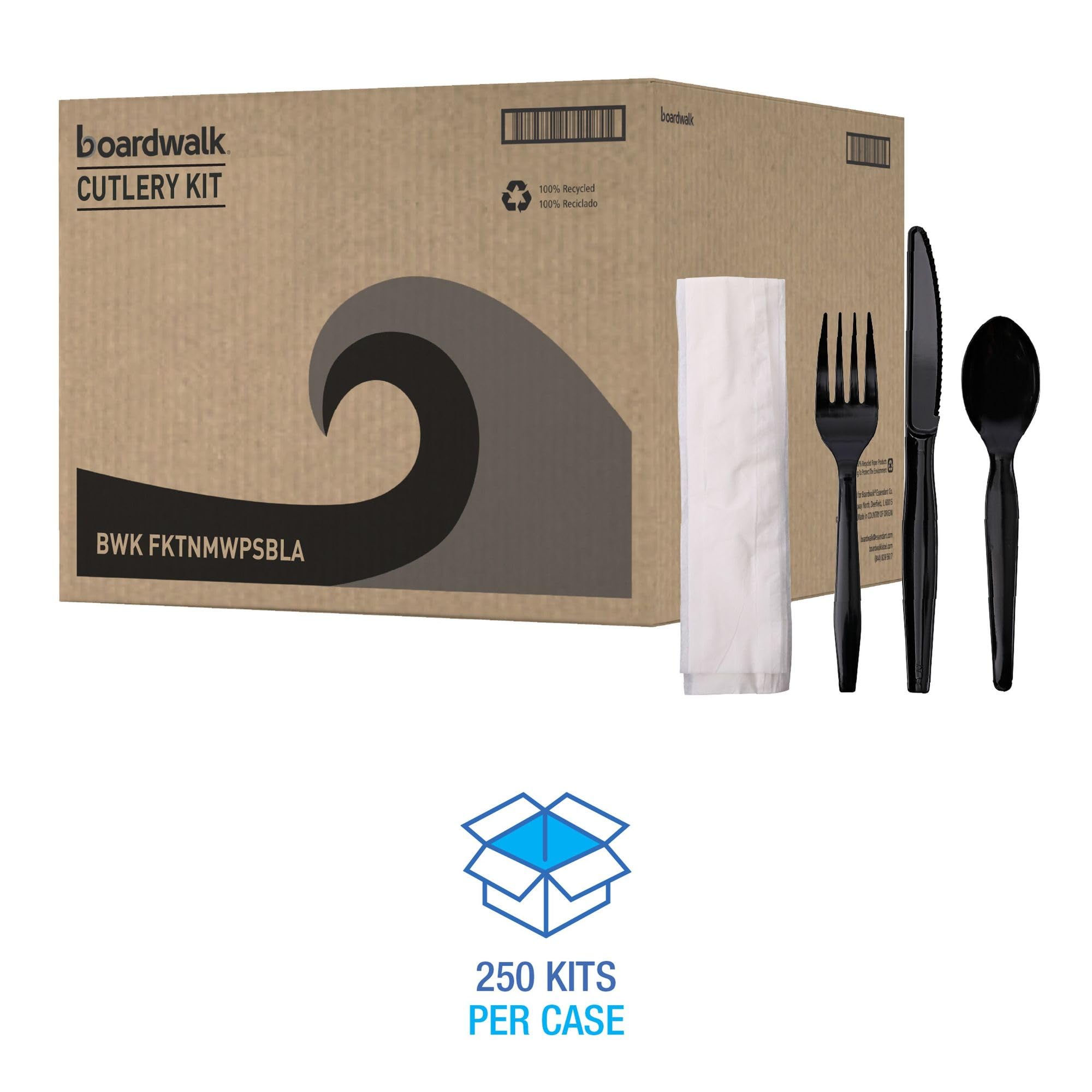 Boardwalk Four-Piece Cutlery Kit, Fork/Knife/Napkin/Teaspoon, Black, 250/Carton