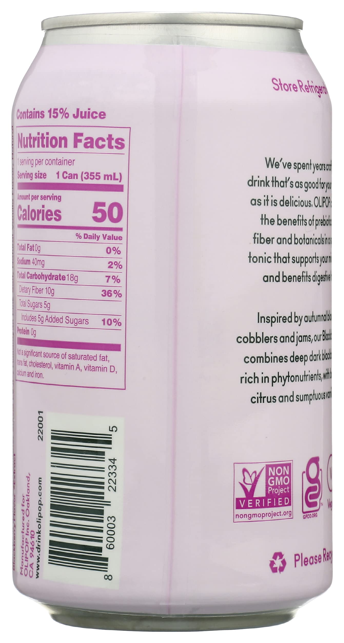 OLIPOP Sparkling Blackberry Vanilla Tonic, 12 FZ, Shelf Stable