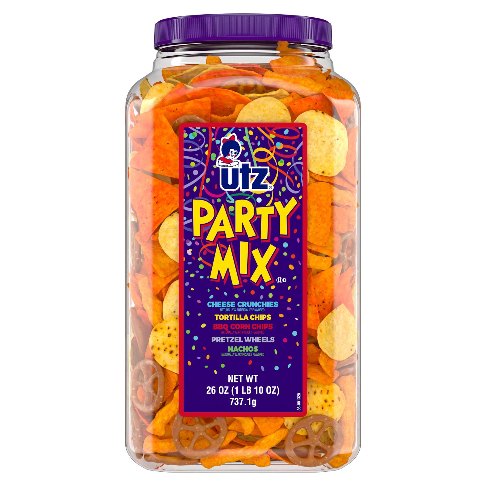Utz Party Mix - Tasty Snack Mix Includes Corn Tortillas, Nacho Tortillas, Pretzels, BBQ Corn Chips and Cheese Curls, Cholesterol Free and Trans-Fat