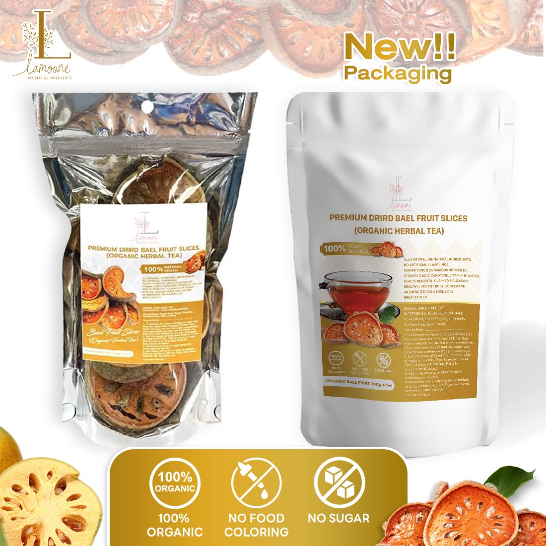 Premium Dried Bael Fruit Slices, Organic Herbal Fruit Tea, Thai Tea, Matoom, Asian wellness dry Bael Fruit, Fruit tea organic (200g) 7.05OZ