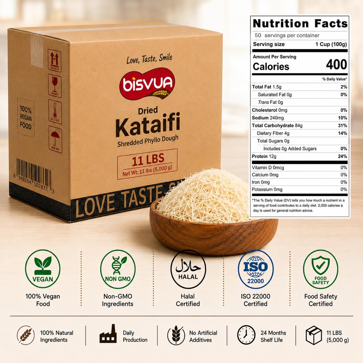 BISVUA Premium Bulk Dried Kataifi (11 lbs) - Golden Dried Shredded Fillo Dough for Commercial Kitchen Dubai Chocolate Bars, Kunafa, Knafeh & Crunchy Dessert Creations Bakery Supply (5 kg Dried Foodservice Kataifi)