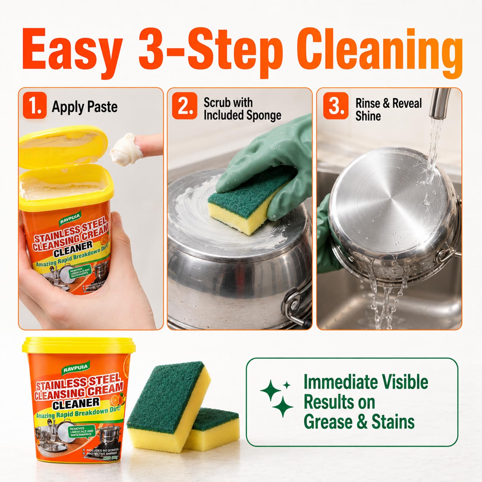 STAINLESS STEEL CLEANER & POLISH - Heavy Duty Cleaning Paste for Stove, Oven, Pans, Cookware, Sink | All Purpose Multi-Purpose Household Cleaner |