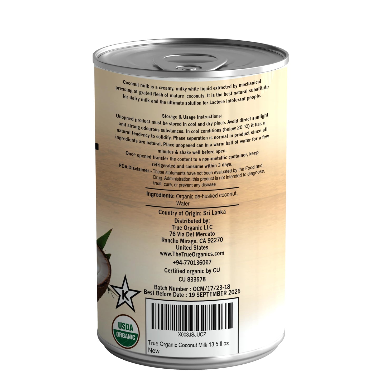 True Organic Unsweetened Coconut Milk 13.5 Fl oz - No Guar Gum, Gluten-Free, Vegan and Kosher - 18% Coconut Milk Fat (12-Pack)
