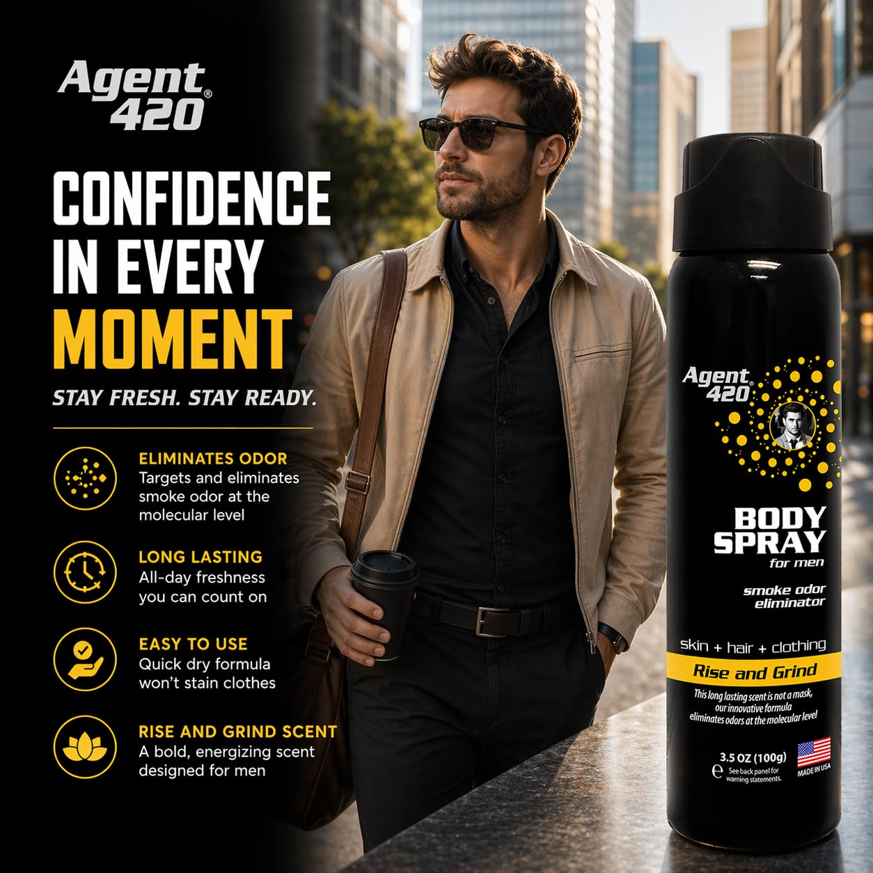 Agent 420 Cannabis & Cigarette Smoke Odor Body Spray for Men, 3.5 oz - Eliminates Odors at the Molecular Level (Rise and Grind)