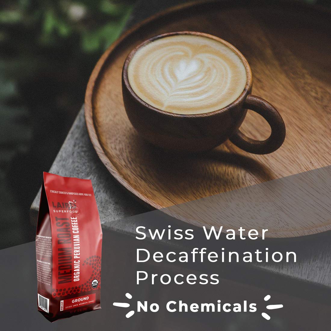 Laird Superfood Peruvian Medium Roast Decaffeinated Ground Coffee, Chemical-Free Decaf Swiss Water Processed Ground Coffee, Gluten-Free, Dairy-Free