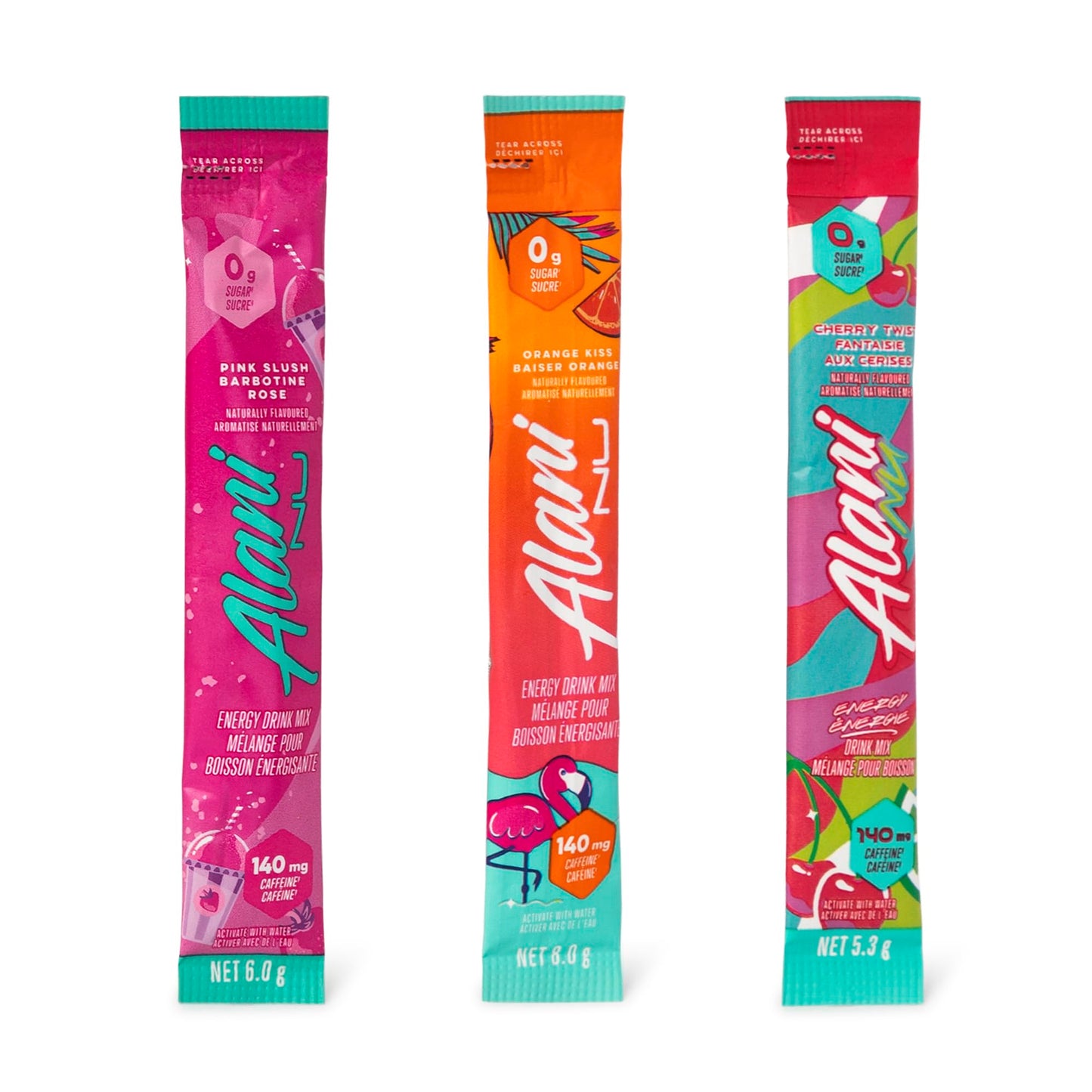 Alani_Nu Energy Drink Mix Variety Pack + QueBuy Reusable Straw (30 Count. Value Pack) - 200mg Caffeine - 0g Sugar - Orange Kiss, Cherry Slush & Pink