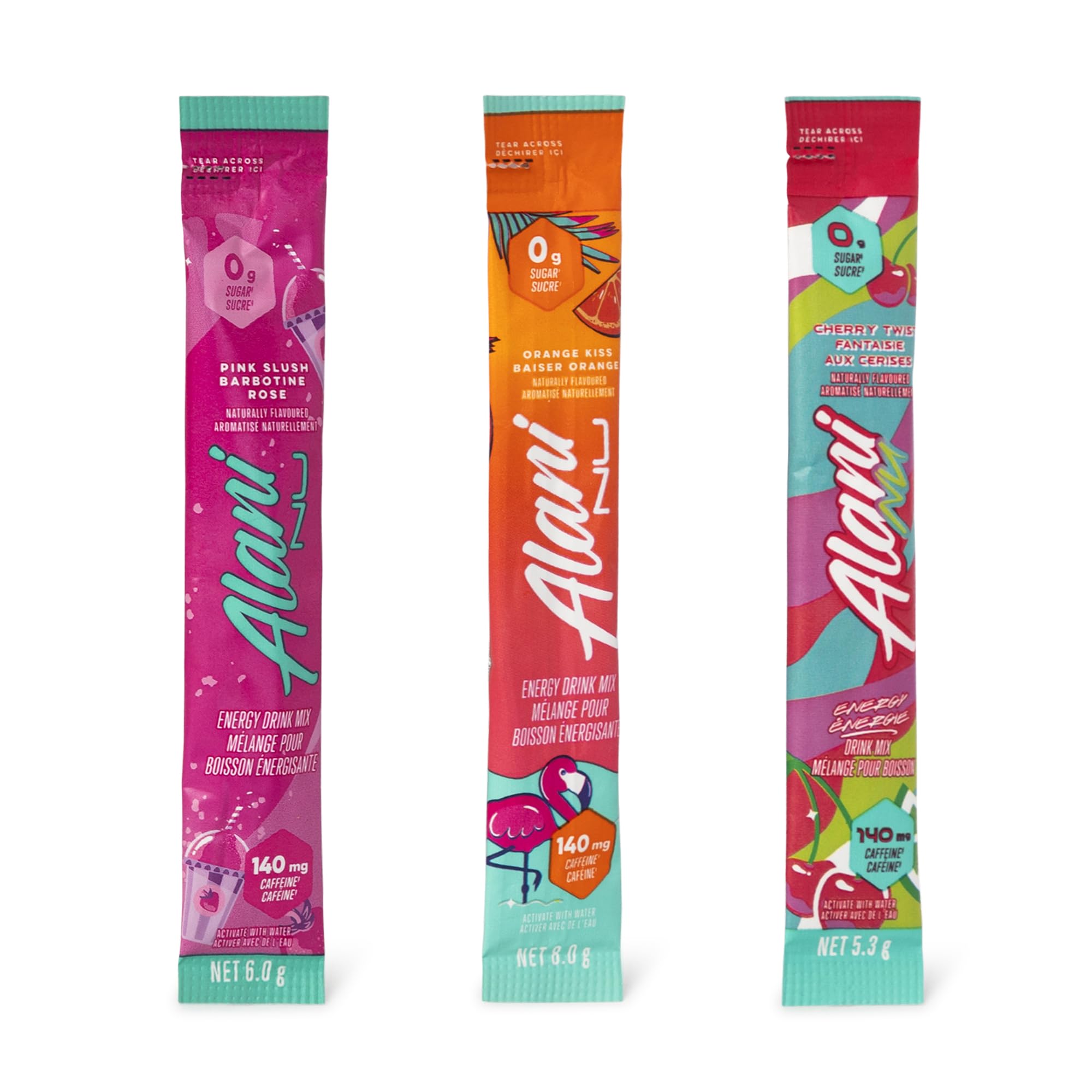 Alani_Nu Energy Drink Mix Variety Pack + QueBuy Reusable Straw (30 Count. Value Pack) - 200mg Caffeine - 0g Sugar - Orange Kiss, Cherry Slush & Pink