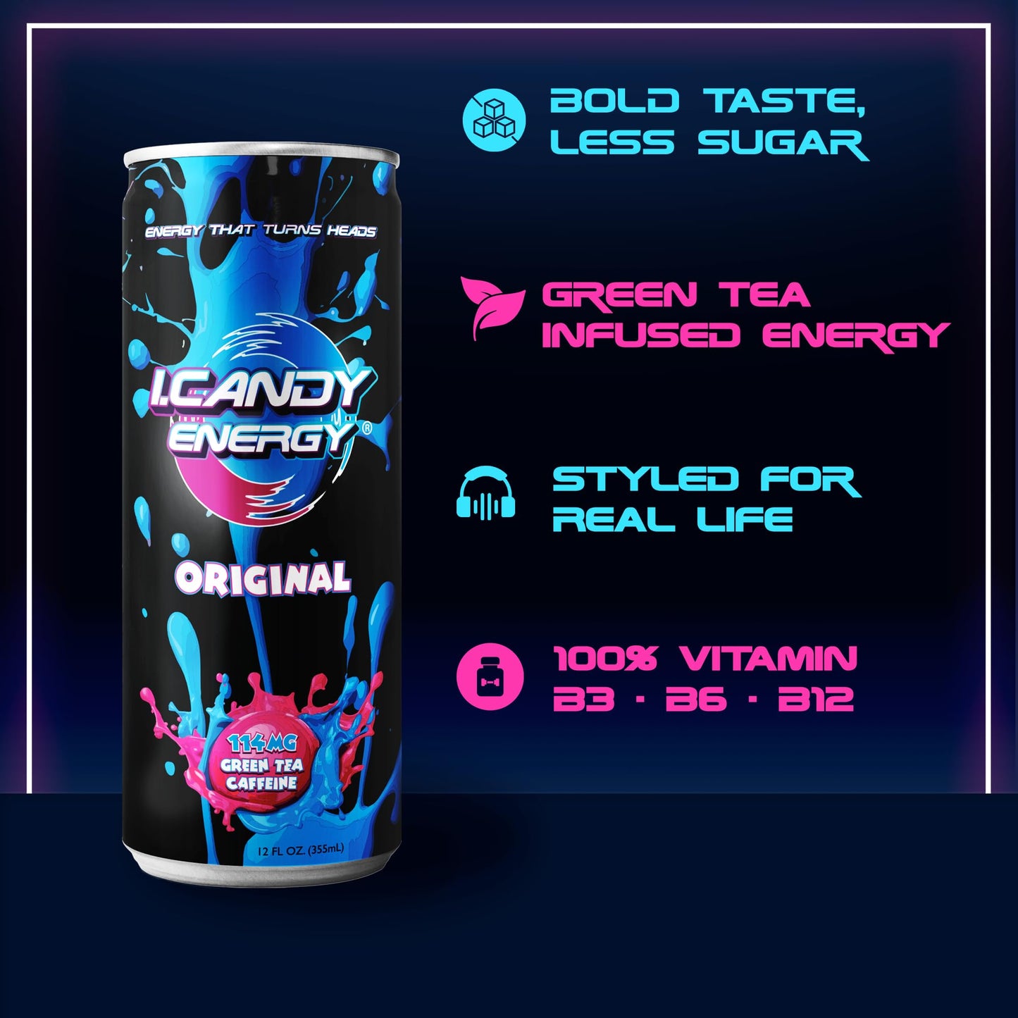 I.CANDY Energy Drink Original 24 Pack 12 oz Cans, Bulk Energy Drinks Case, Classic Flavor, 114mg Caffeine, Smooth Clean Energy No Crash