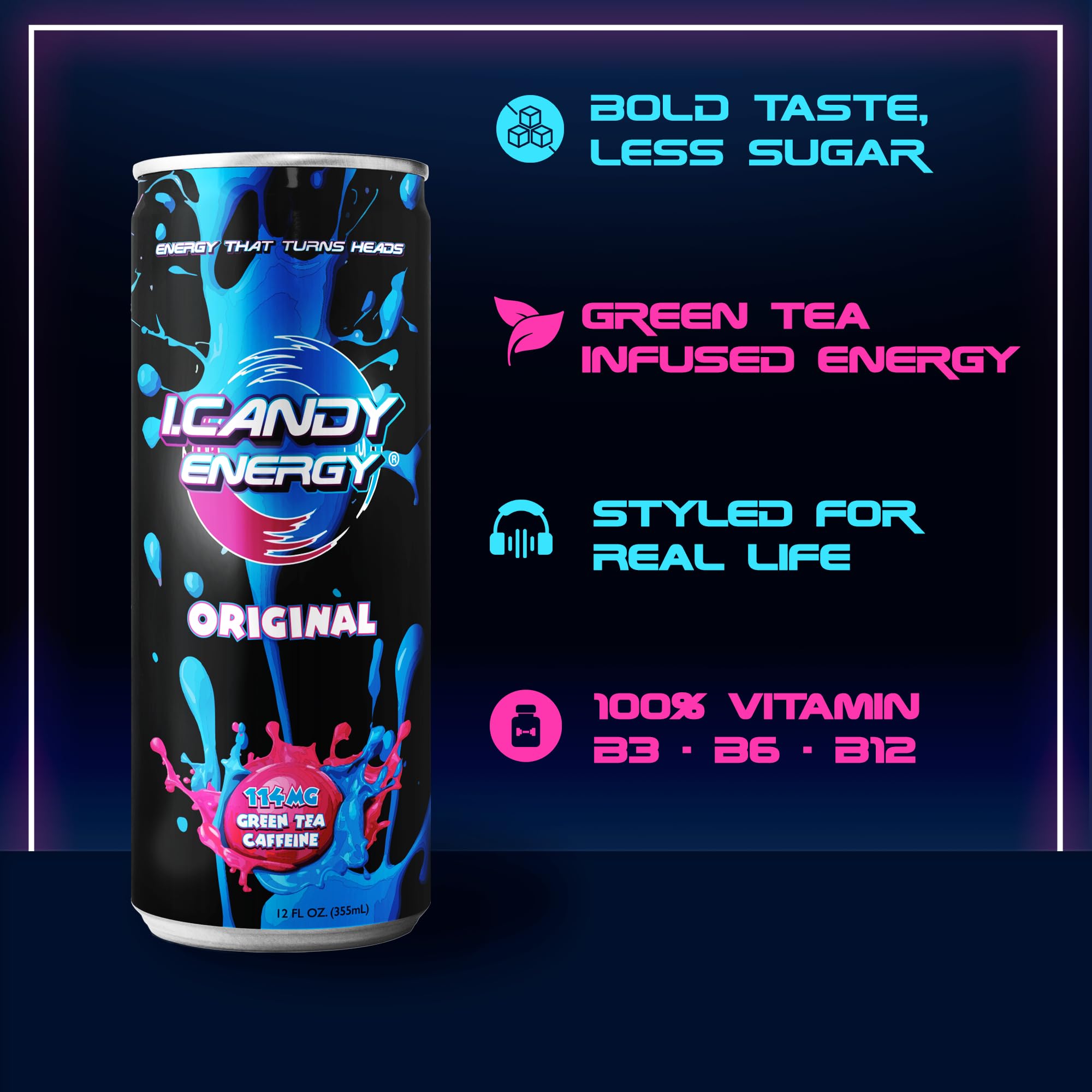 I.CANDY Energy Drink Original 24 Pack 12 oz Cans, Bulk Energy Drinks Case, Classic Flavor, 114mg Caffeine, Smooth Clean Energy No Crash