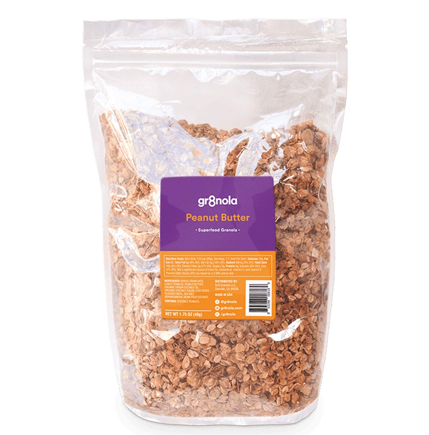 gr8nola PEANUT BUTTER - Healthy, Low Sugar Bulk Granola Cereal - Made with Superfoods Peanuts, Ashwagandha, and Chia Seeds, Soy Free, Dairy Free