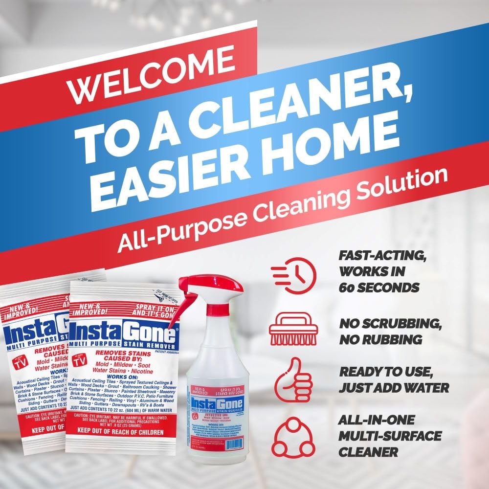 INSTAGONE Stain Remover - RETAIL (2 Pack + 24oz Spray Bottle) - Just Add Water - Indoor/Outdoor Ceiling, Wall, Bathroom, Roof, PVC Fence, Patio