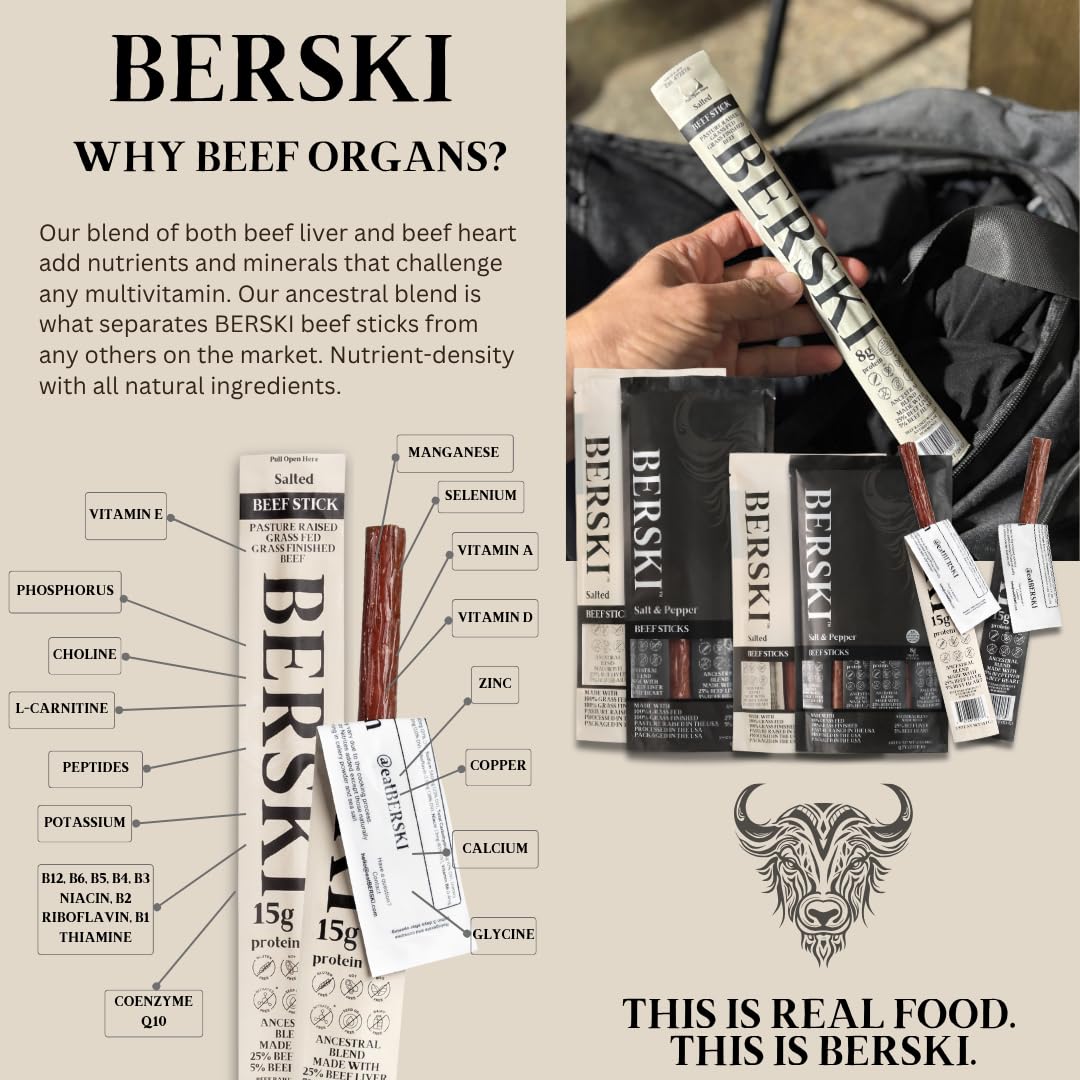 BERSKI Salt & Pepper Beef Sticks - 100% Grass-Fed, Grass-Finished - Ancestral Blend with Liver & Heart - Keto, Paleo - Regeneratively Raised USA Beef