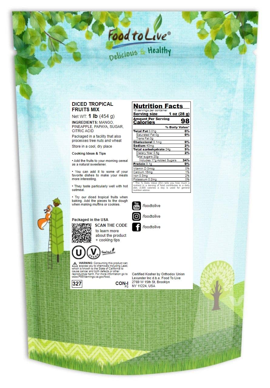Food to Live Diced Fruits Mix, 1 Pound - Contains Dreid and Diced Mango, Pineapple, Papaya. Sweetened, Unsulfured, Candied Vegan Snack, Kosher, Bulk