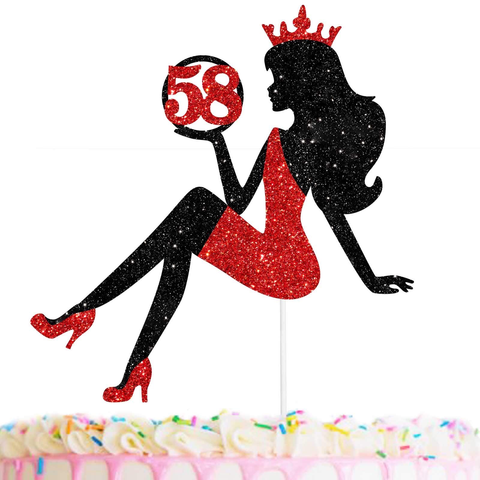 58 Red & Black Sitting Girl Silhouette Cake Topper Decorations with Glamour for Lady 58 Birthday Theme Queen Sexy Party Decor Supplies