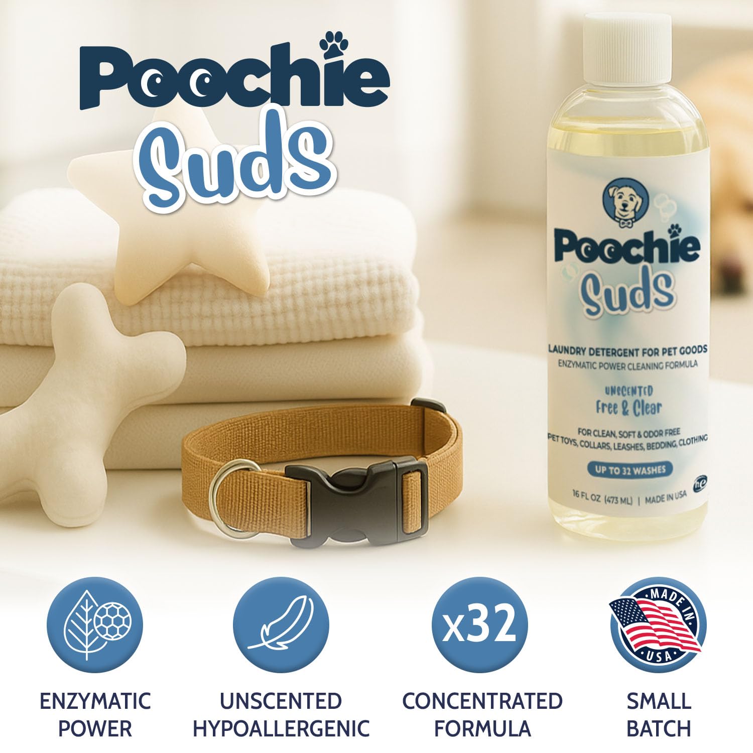 Poochie Suds Pet Laundry Detergent, Enzyme Cleaner and Odor Remover, Hypoallergenic and Fragrance-Free Pet Safe Detergent for Dog and Cat Bedding