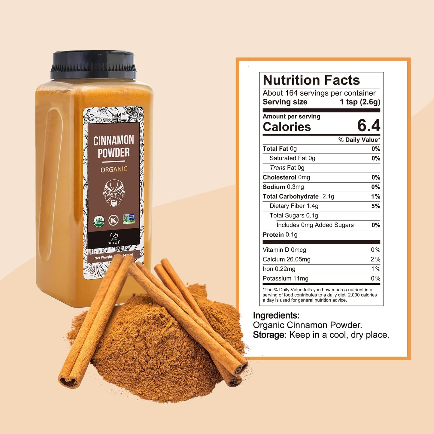 Soeos Cinnamon Powder Organic, 15 Ounce (425g) Bottle, Ground Cinnamon Powder, USDA, Non-GMO and Kosher Certified, Seasoning Spice for Tea, Coffee