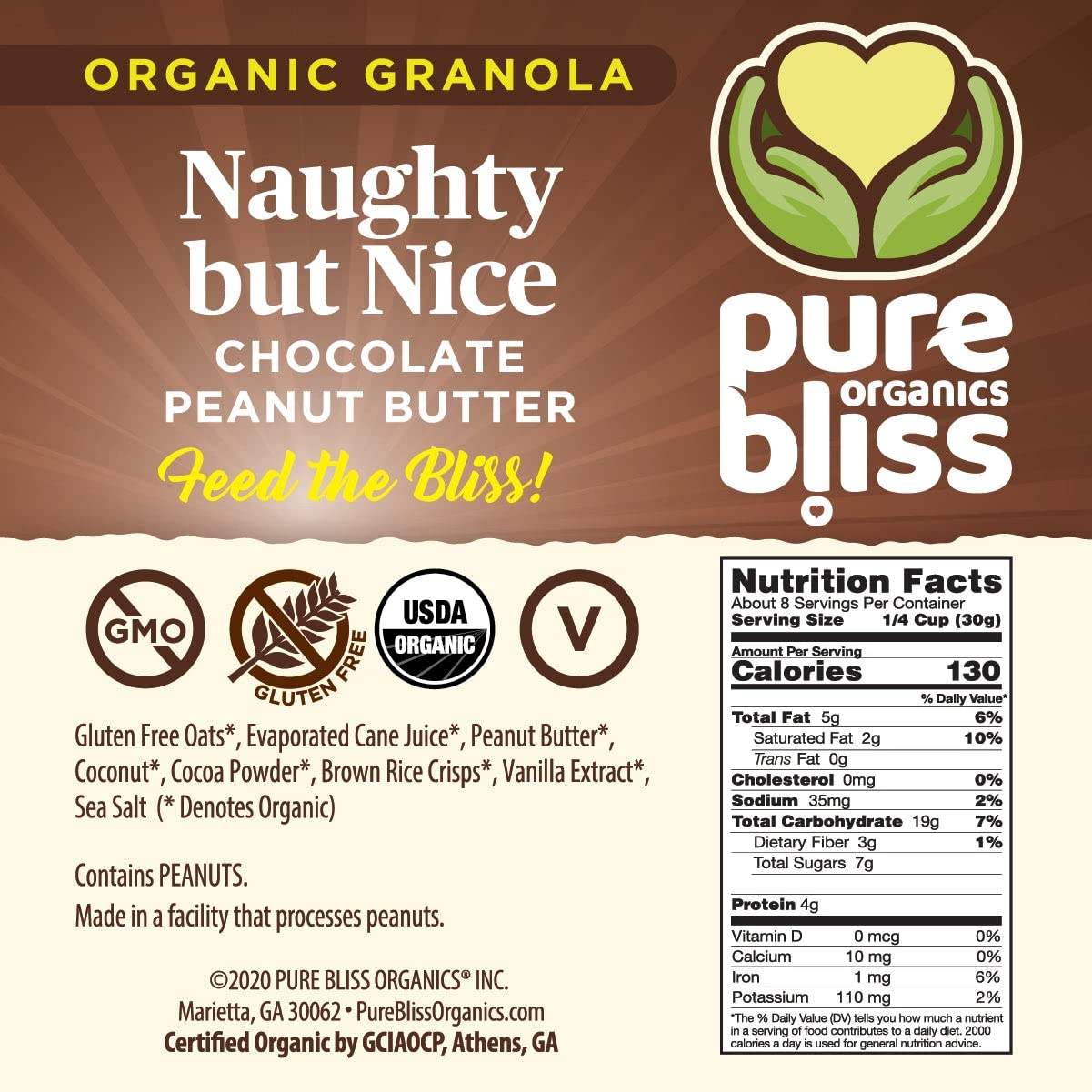 Pure Bliss Organic Granola (Chocolate Peanut Butter) Vegan, Gluten Free, Non-GMO, Best Tasting Natural Healthy Vegan Snack, Hand Made Delicious
