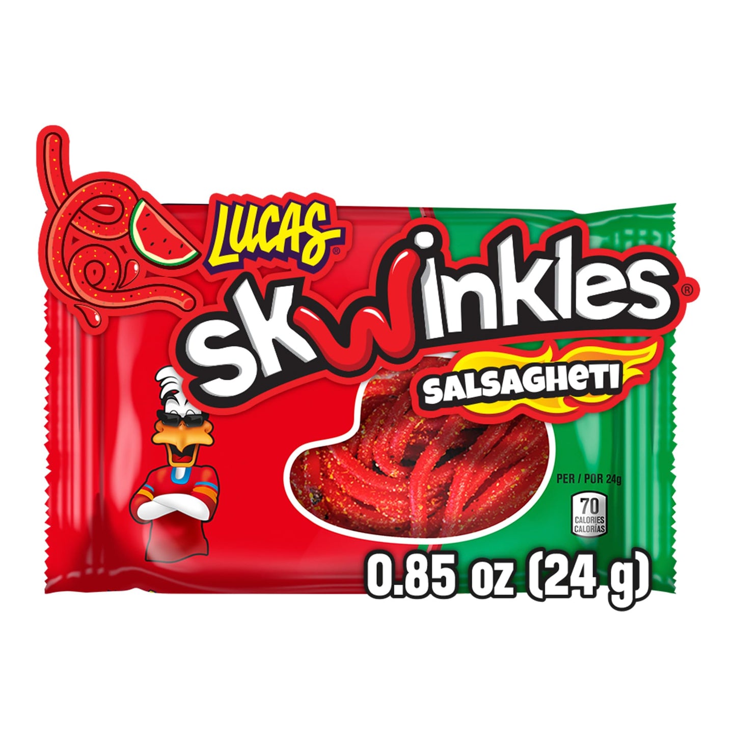 Lucas Salsagheti Watermelon Flavored Sweet & Hot Candy Strips and Tamarind Flavored Sauce, 0.84 oz - 12 Pieces Pack for Treats, Snack, Parties