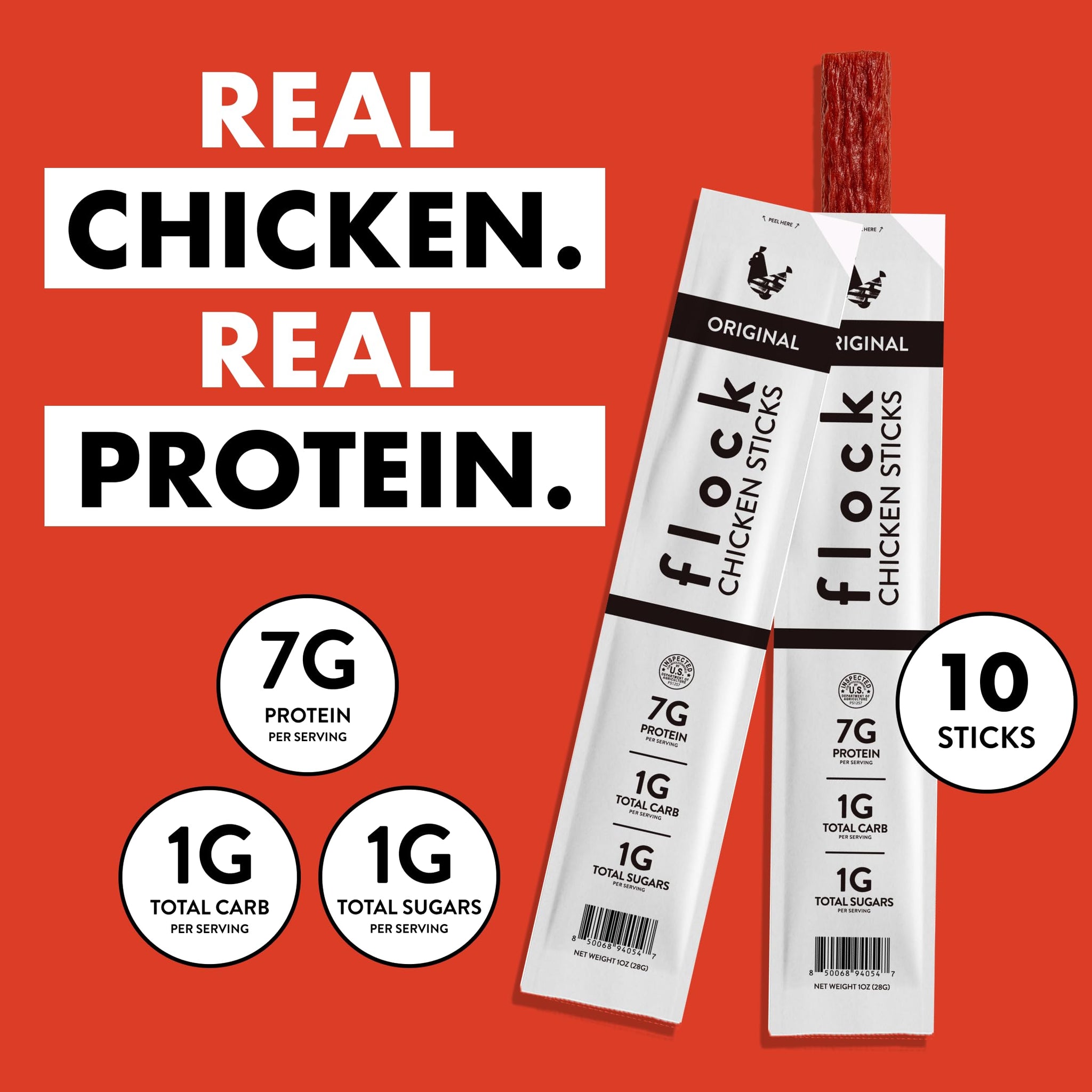 Flock Chicken Meat Sticks 10 Count | GLP-1 Friendly High Protein Chicken Sticks 7g Protein | Healthy Meat Snacks Keto | Protein Meat Sticks Low Carb |
