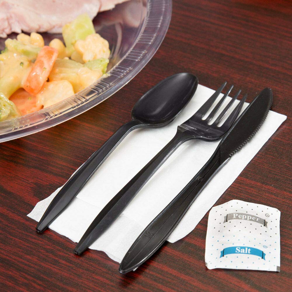 450 Black Plastic Cutlery Packets - Knife, Fork, Spoon, Napkin, Salt, Pepper Sets | Individually Wrapped Silverware Kits, Disposable Bulk To-Go