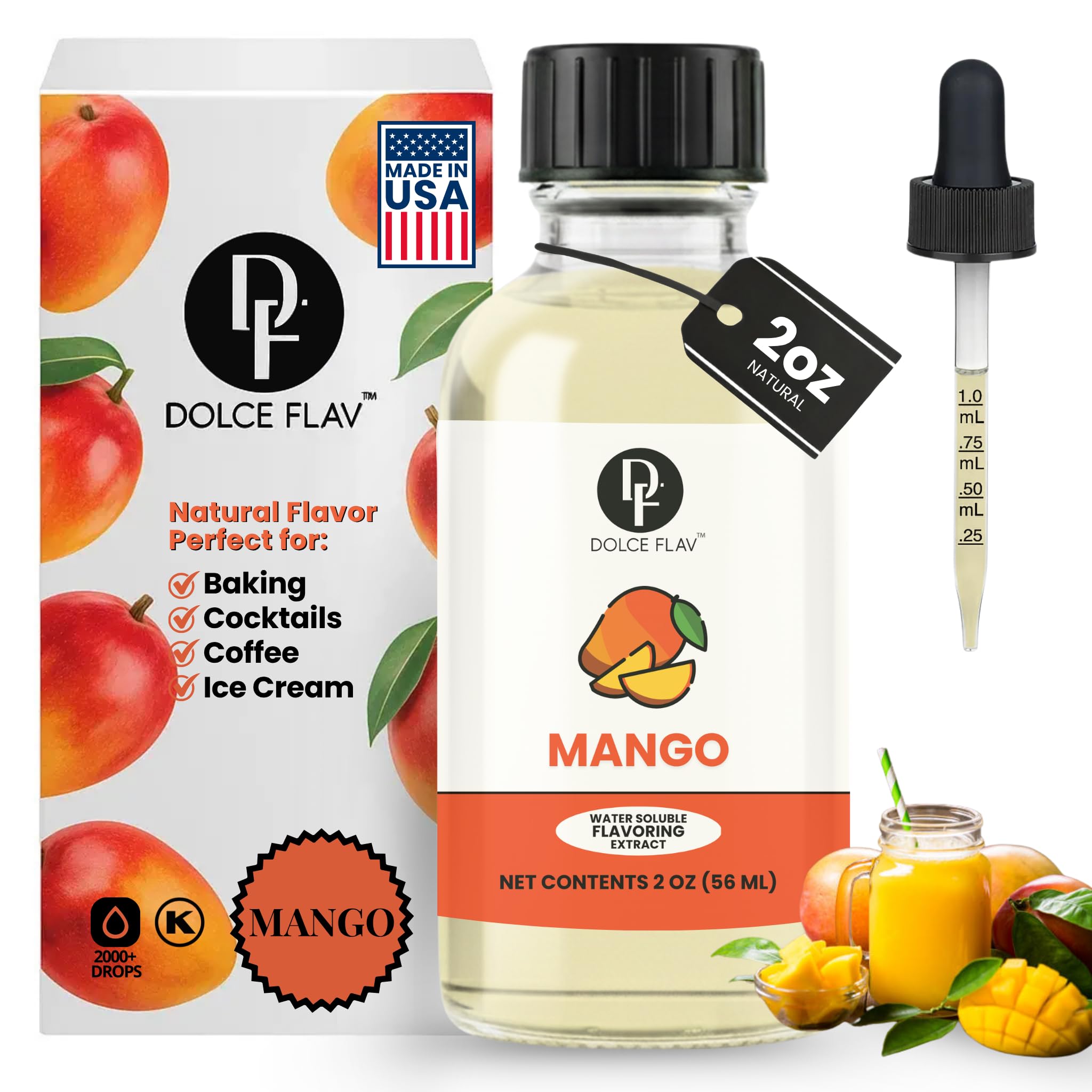 Dolce Flav Mango Extract - 2 Ounce Water-Soluble Multipurpose Flavoring Ideal for Baked Goods, Beverages, Coffee, Desserts & Ice Cream - Mango Essence