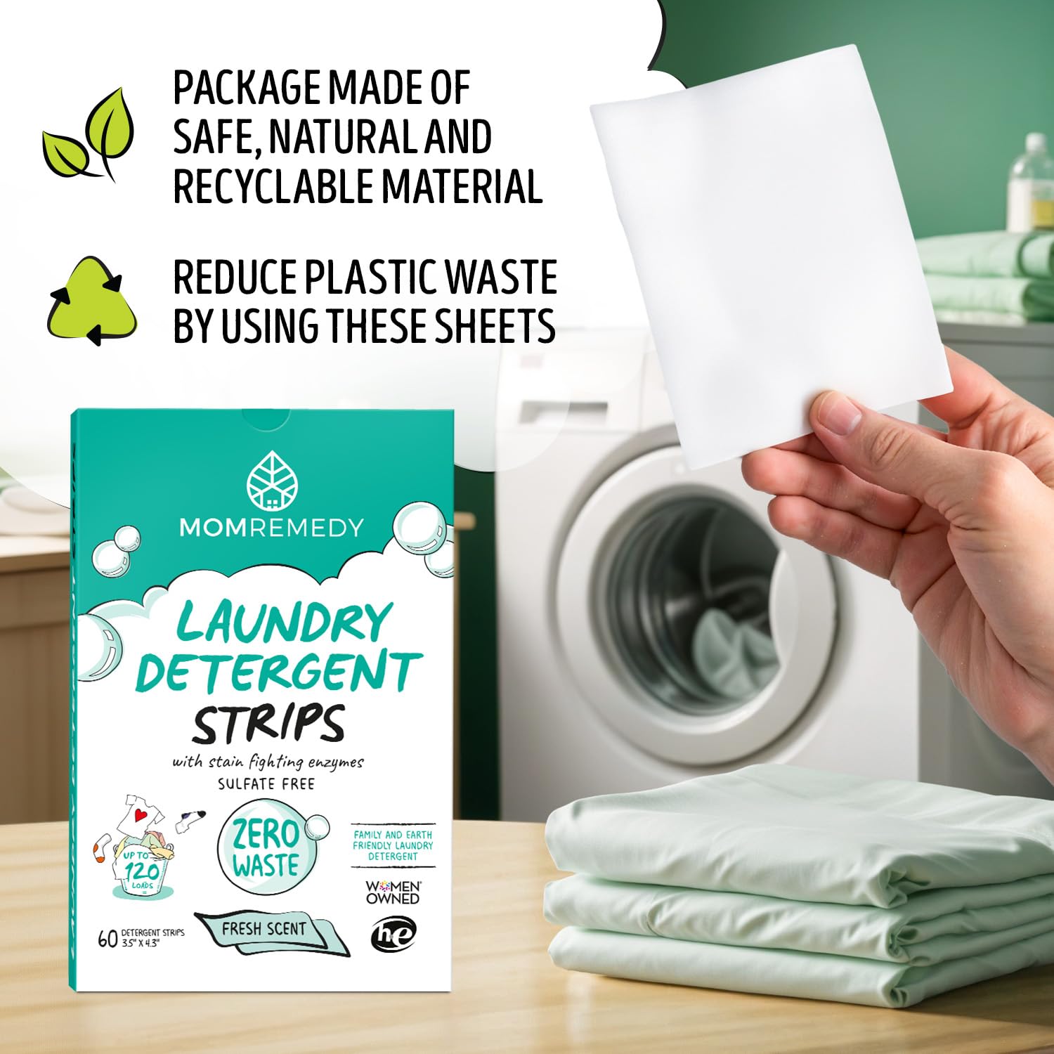 MomRemedy Laundry Detergent Sheets with Powerful Stain Fighting Enzymes - Made in EU, Sulfate Free, Zero Waste Laundry Sheets Detergent in Recyclable