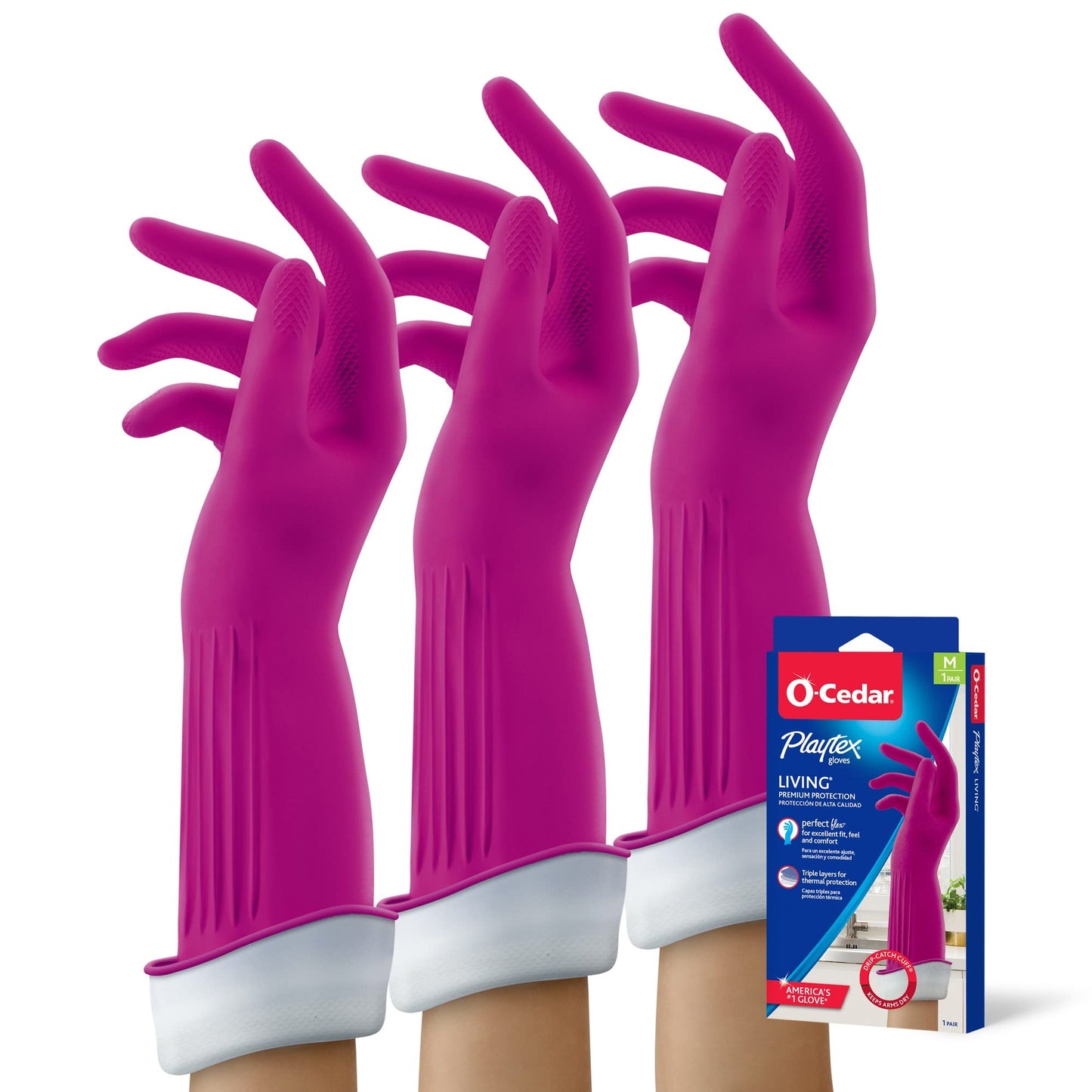 PLAYTEX Living Drip-Catch Cuff Reusable Rubber Gloves for Household Cleaning - Medium Size, 3-Pack