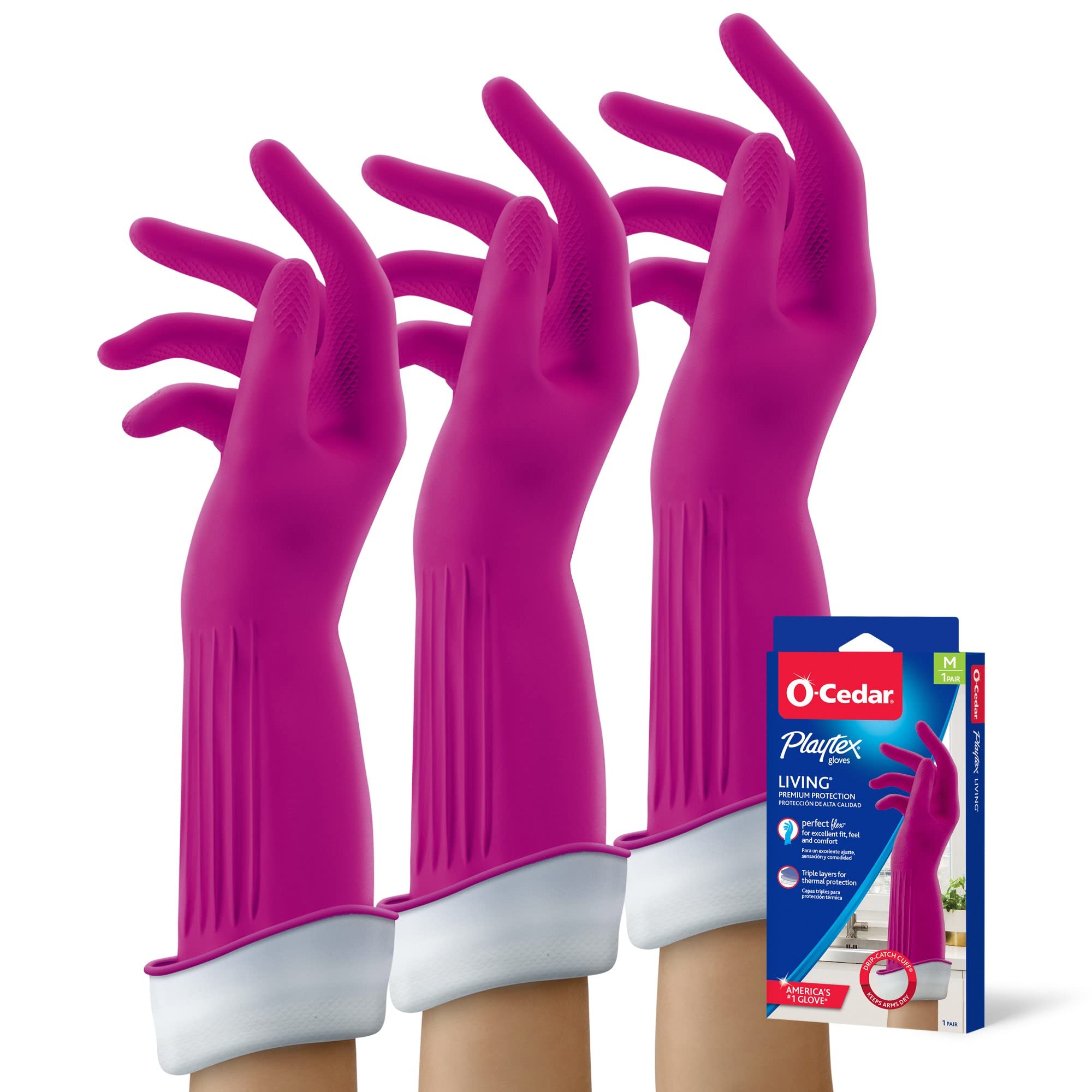 PLAYTEX Living Drip-Catch Cuff Reusable Rubber Gloves for Household Cleaning - Medium Size, 3-Pack