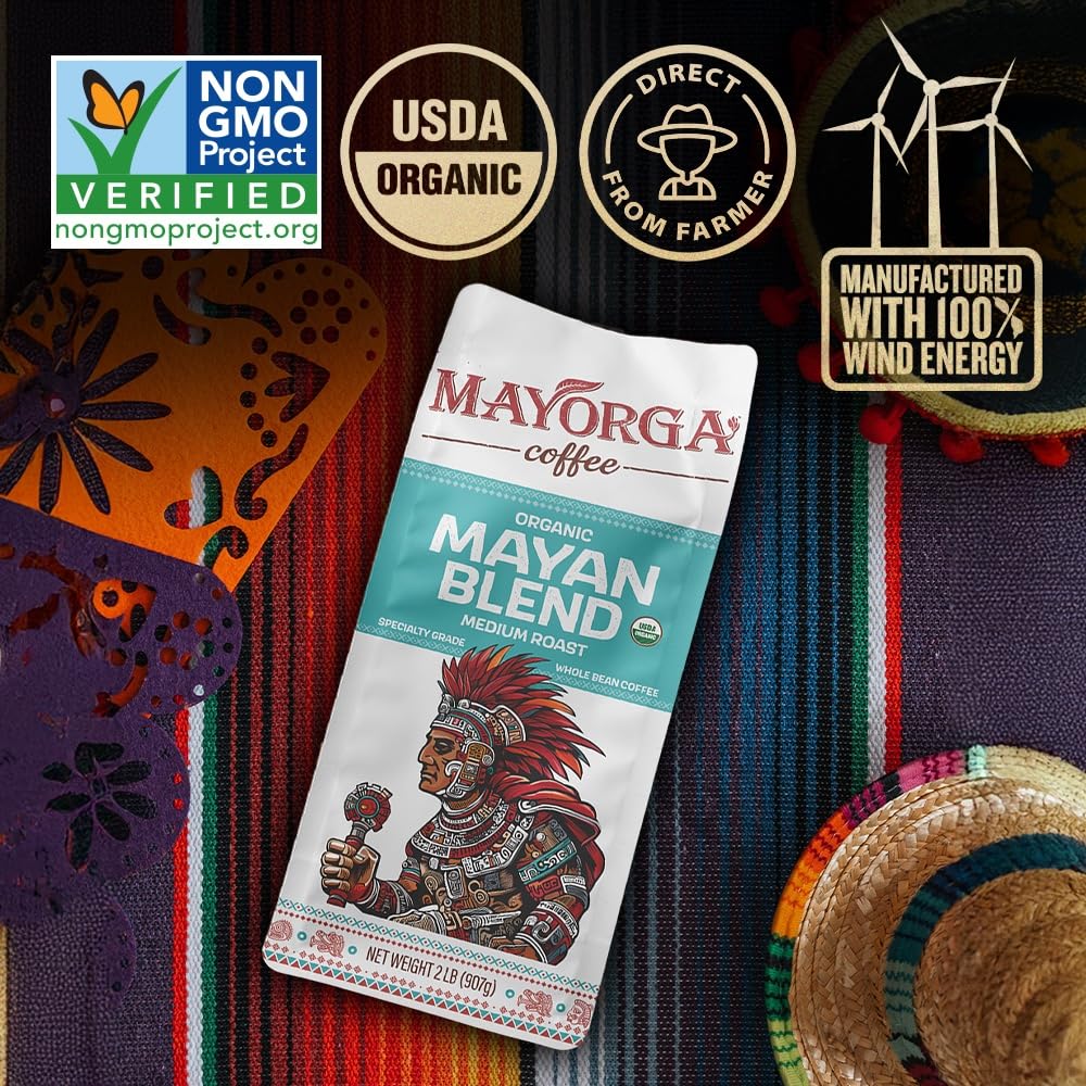 Mayorga Organic Coffee 2lb Mayan Blend - Medium Roast Whole Bean Coffee Specialty Grade, 100% Arabica, Slow Roasted, Chocolate and Floral Flavor