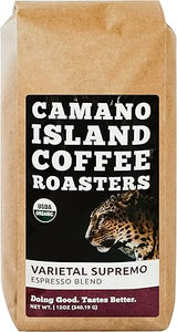 Camano Island Coffee Roasters Varietal Supremo Espresso Blend, Ground 12oz, Fresh Dark Roast, USDA Organic, Fairly Traded, Shade Grown Arabica